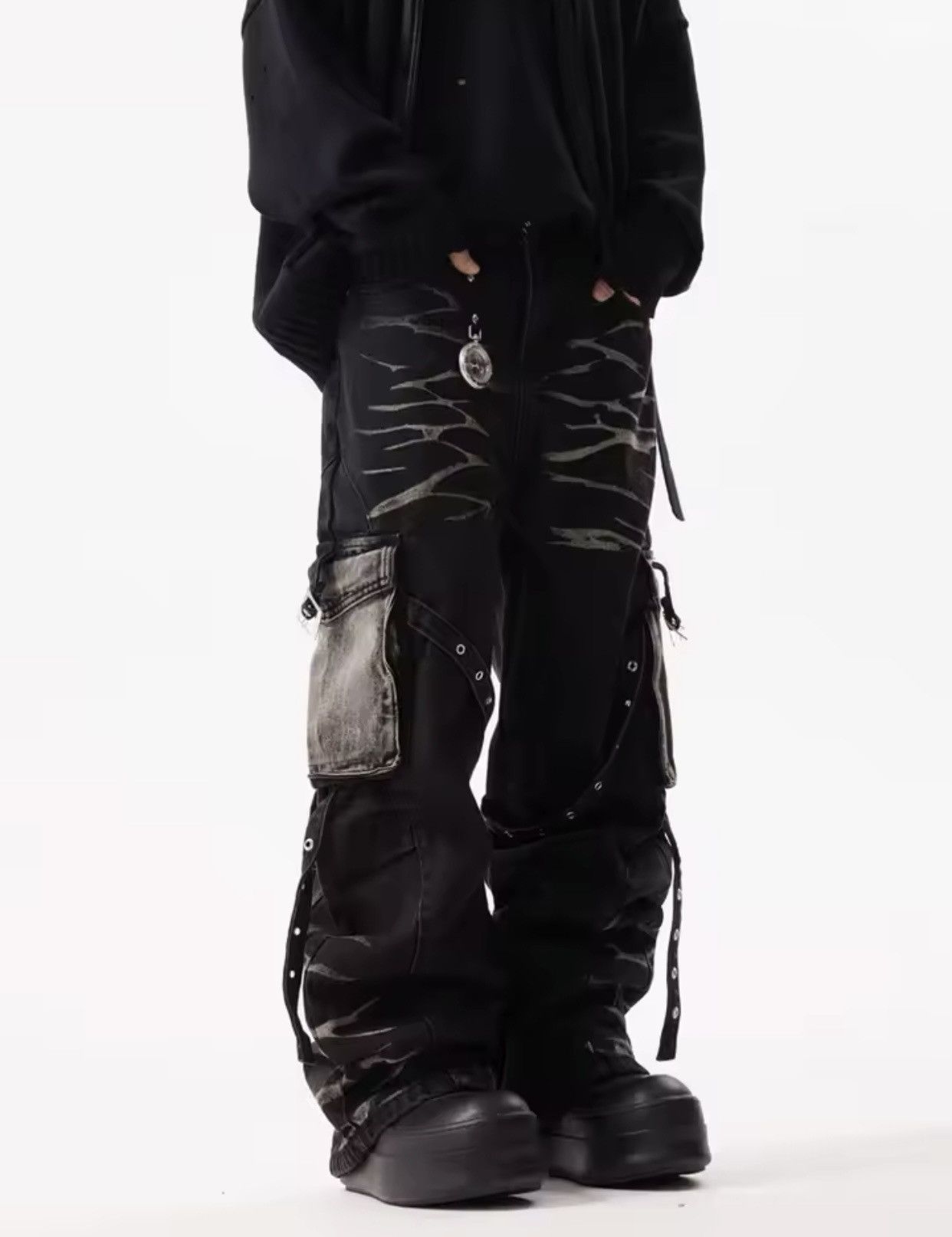 Denime × Jean Cyber Y2K Streetwear Ripple Strap Baggy Cargo Jeans Pants Size US 33 - 5 Thumbnail