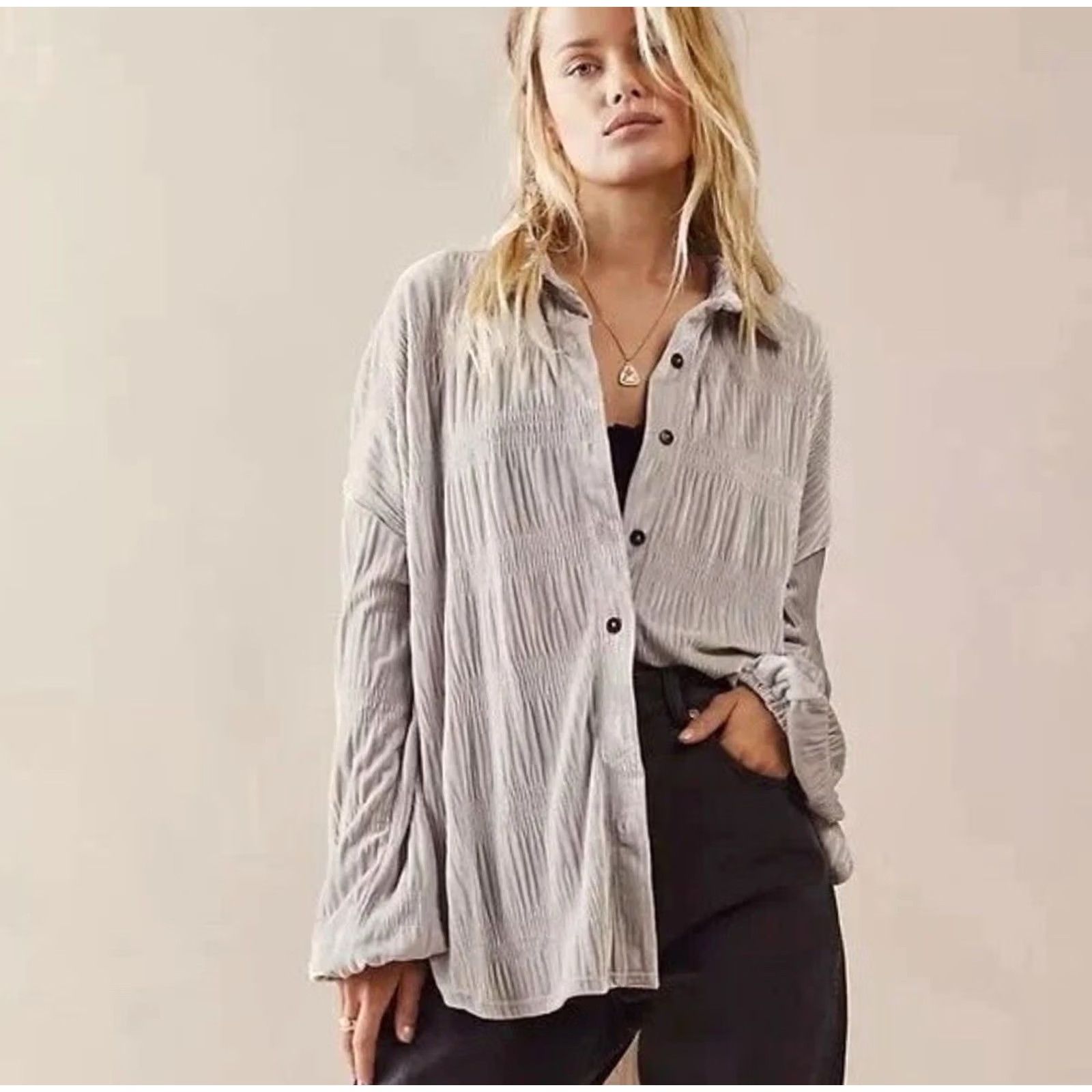 Free People Free People Blouse Tunic Velvet Button Collared Long Sleeve Gray L Bohemian Oversized Regular Women Size L / US 10 / IT 46 - 2 Thumbnail