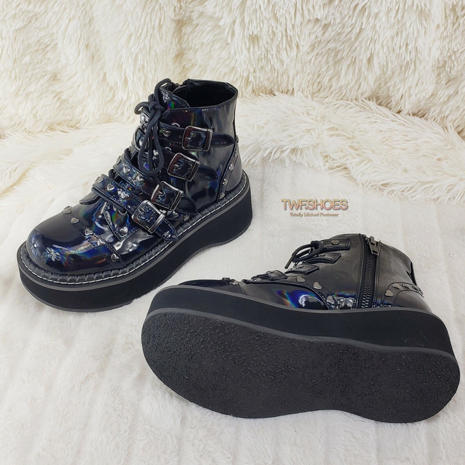 Demonia Cult DEMONIA Emily 315 Black Holo Patent Heart Stud Platform Ankl Size US 7 / IT 37 - 6 Thumbnail