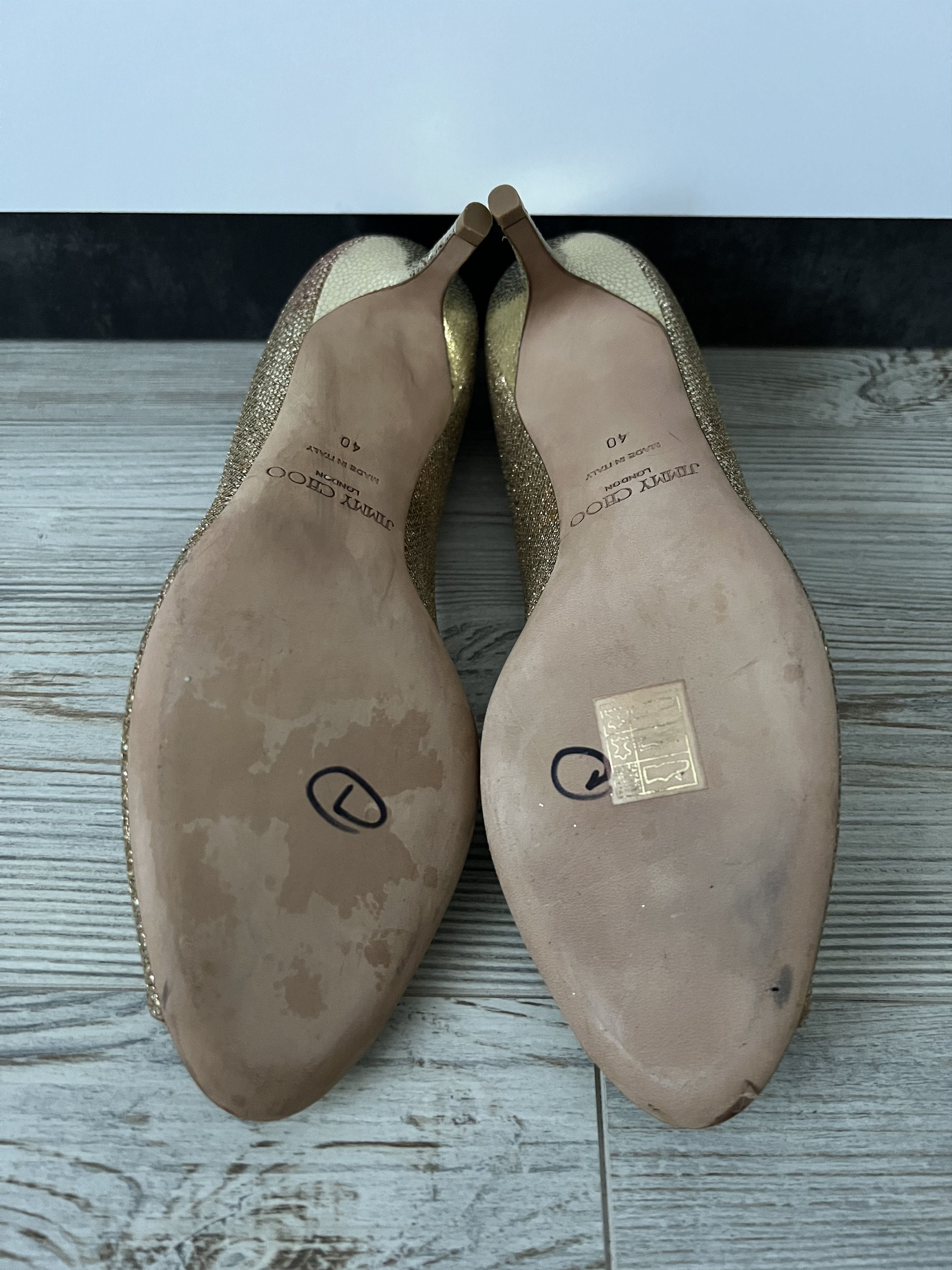 Jimmy Choo Jimmy Choo Gold Glitter Peep Toe Leather Heels Size 40 Size US 10 / IT 40 - 6 Thumbnail
