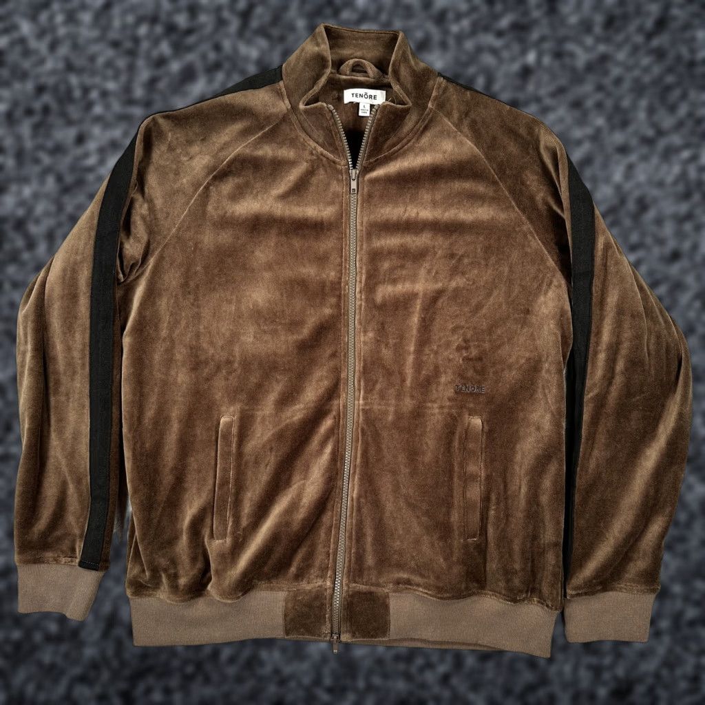 Tenore Jacket Mens Large Brown Velour Full Zip Black Stripe Retro Track Suit Top