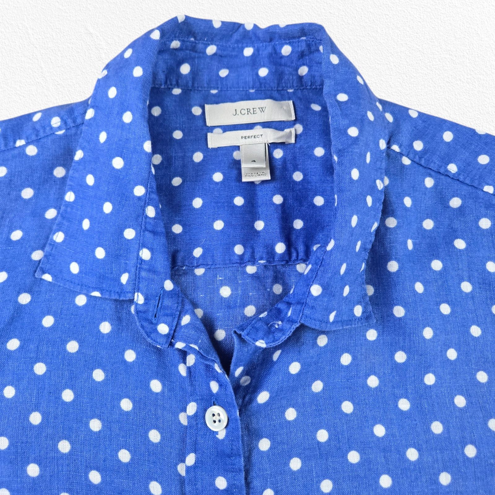 J.Crew J Crew Blue Polka Dot Button Down Linen Blouse Size 4 Size S / US 4 / IT 40 - 3 Thumbnail