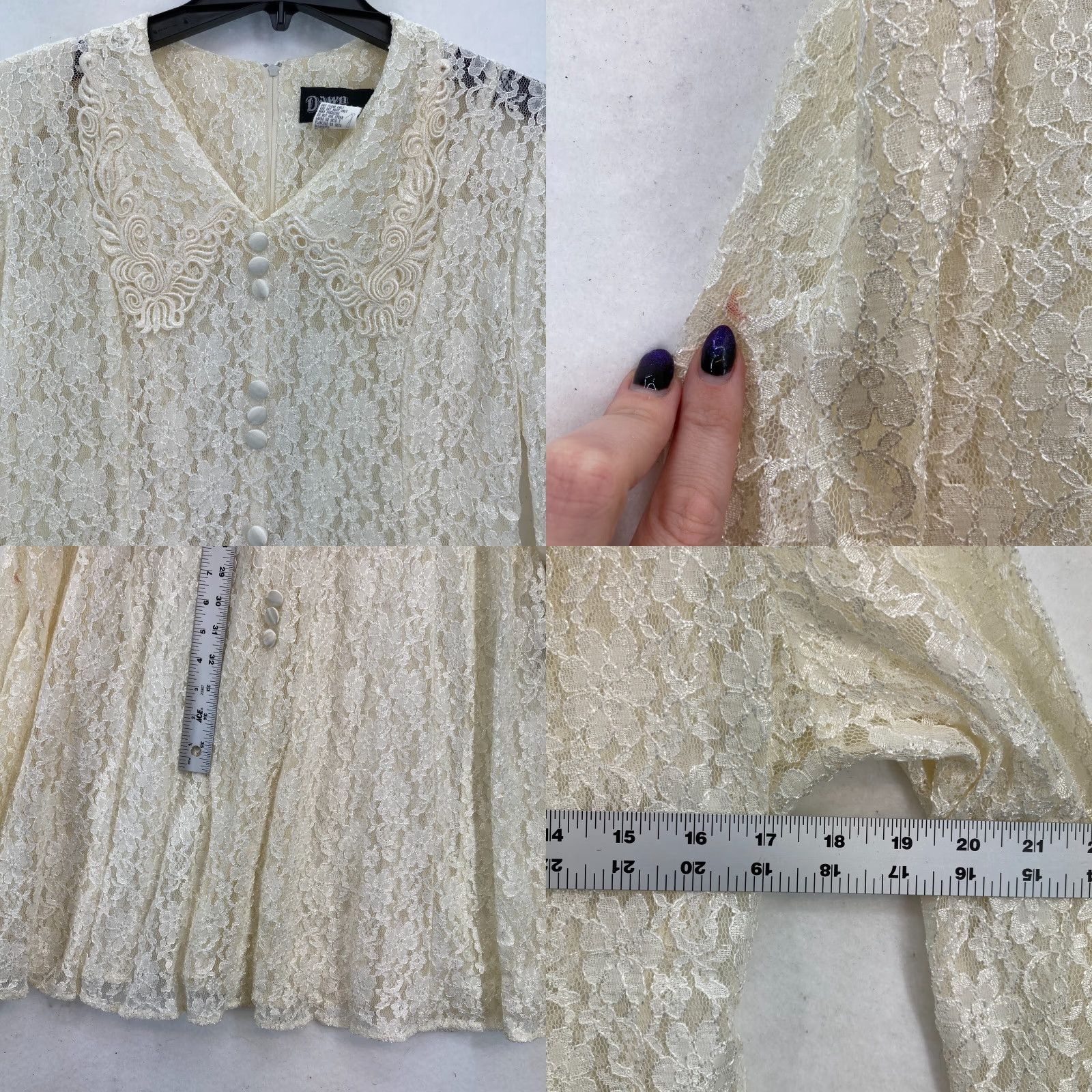 Vintage Vintage Dawn Joy Midi Dress Ivory Lace Peter Pan Collar Button Victorian 14P NWT Size XL / US 12-14 / IT 48-50 - 9 Thumbnail