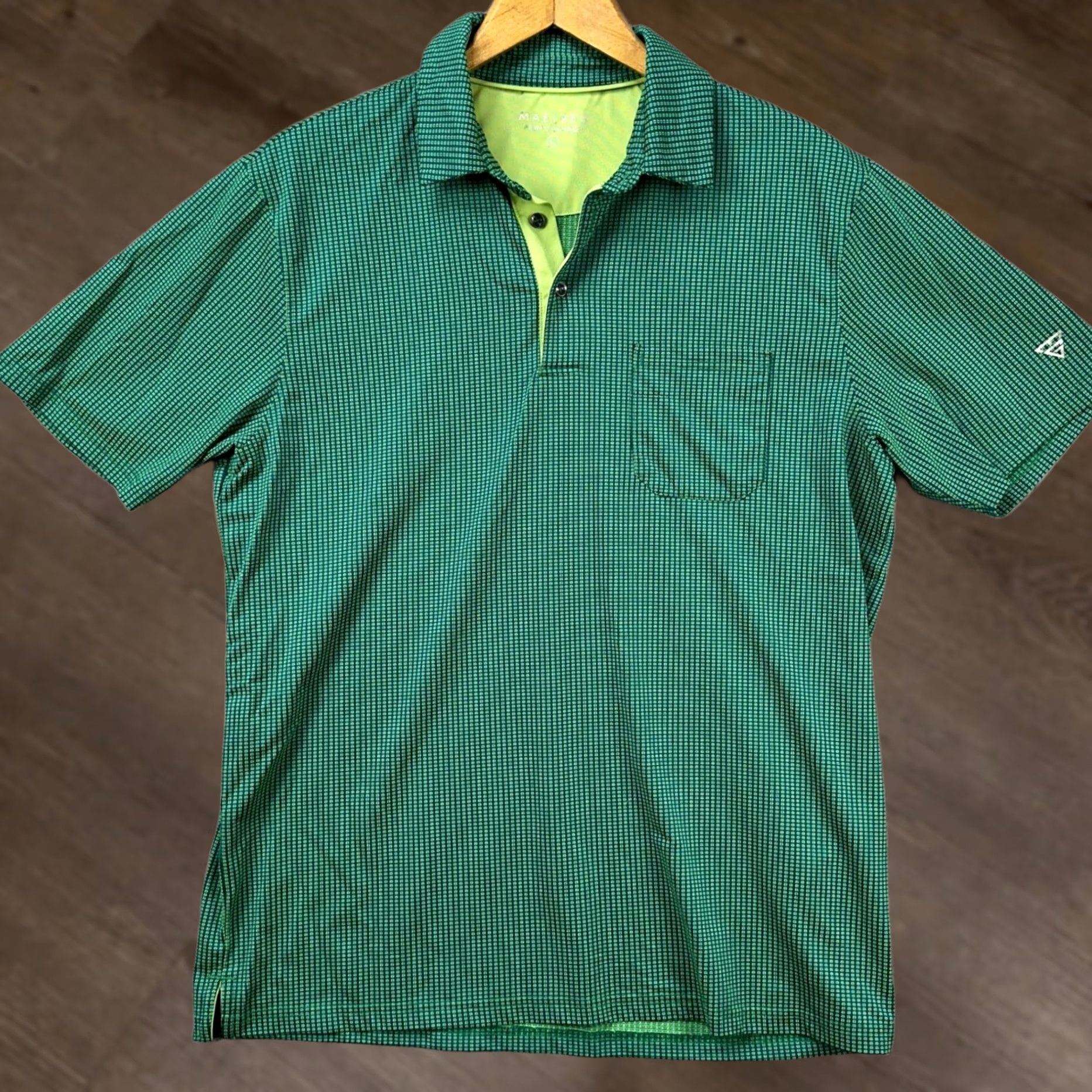 Vintage Maelreg Performance Polo Shirt Mens Large Green Rugby Golf Short Sleeve Pocket Logo Geometric Athletic Breathable Collared 92% Polyester 8% Spandex Size US L / EU 52-54 / 3 - 1 Thumbnail