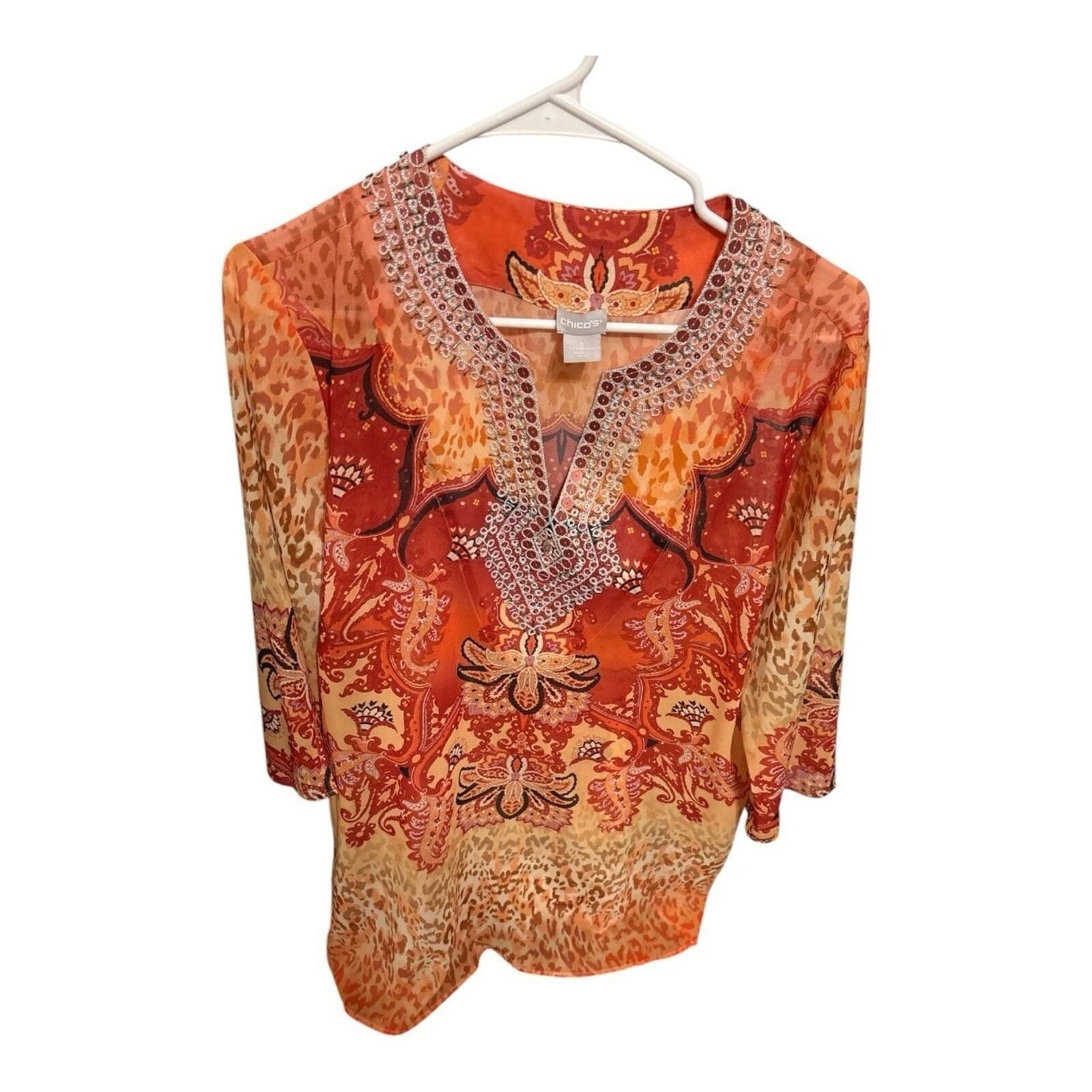 Chicos Chico's Orange Paisley Beaded V-Neck Tunic Size M / US 6-8 / IT 42-44 - 1 Thumbnail