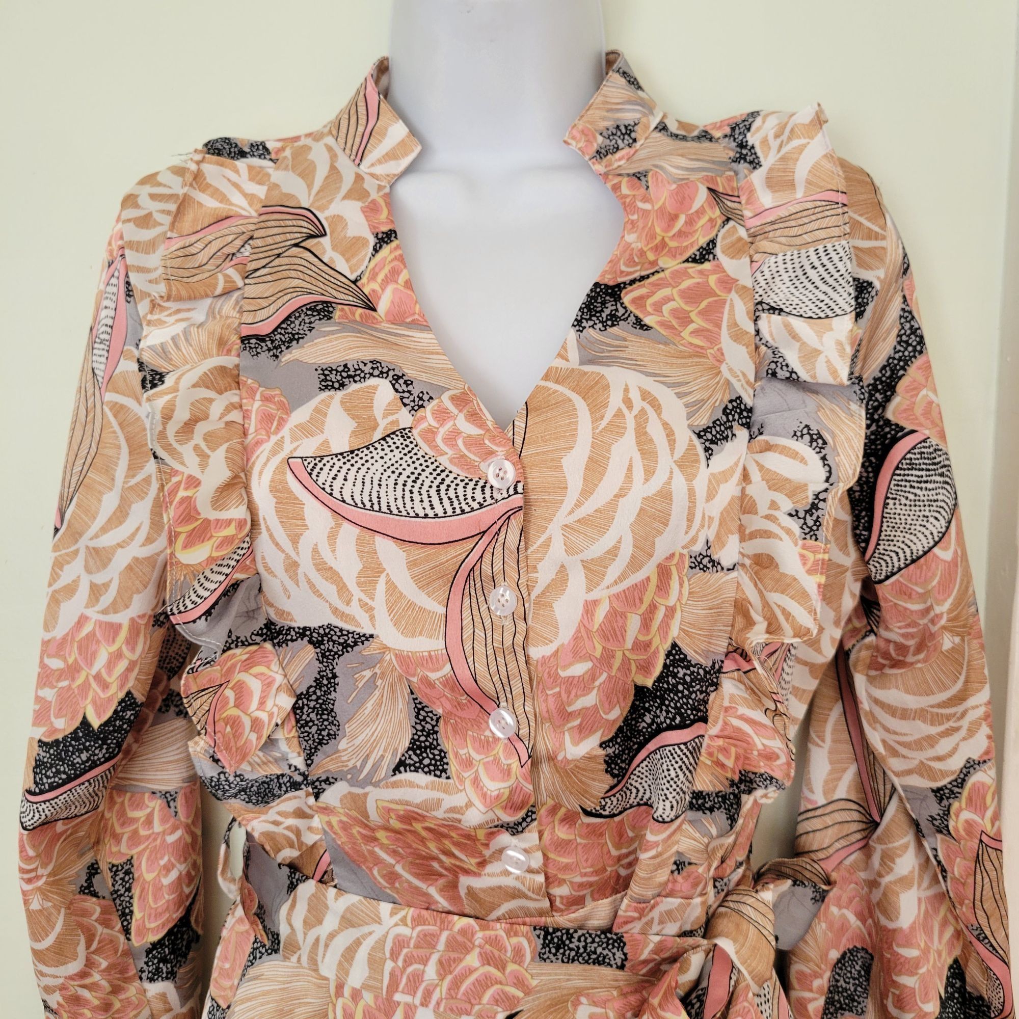 Vintage Sonja Morgan Ruffle Flounce Dress S Long Sleeve Beige Pink F Size S / US 4 / IT 40 - 3 Thumbnail