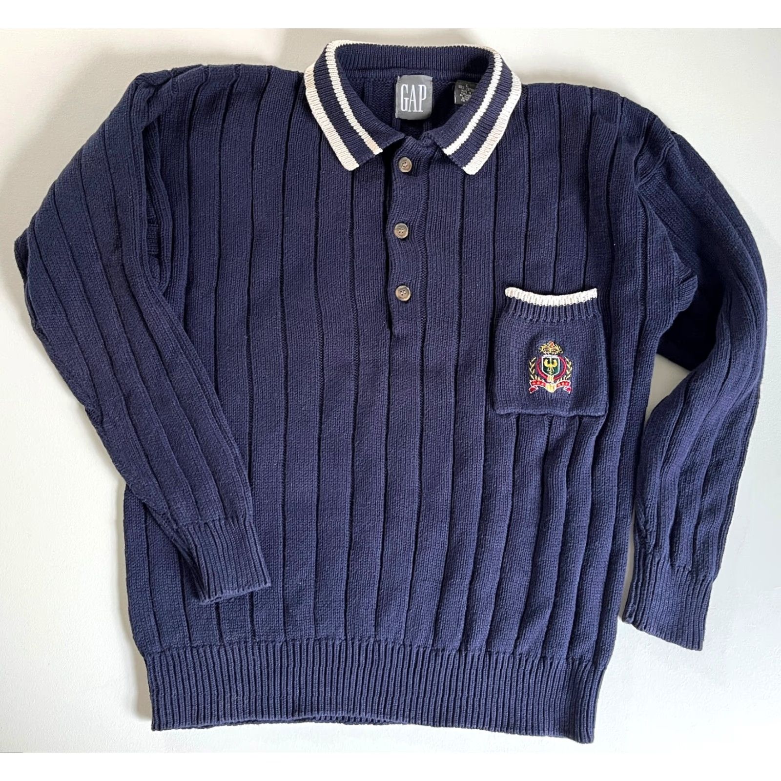 Gap VINTAGE Gap Sweater Shirt Men 90s Preppy Collared Knit Embroidered Crest Navy L 100% Cotton Pullover Size US L / EU 52-54 / 3 - 2 Thumbnail
