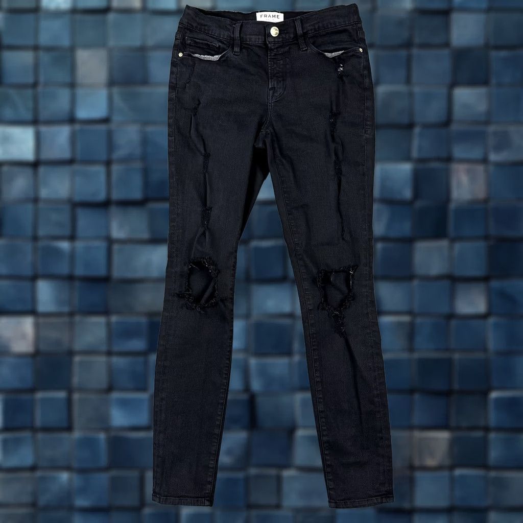 Frame FRAME Le Skinny de Jeanne Jeans Womens 27 Black Denim Distressed EUC Size 27" / US 4 / IT 40 - 1 Thumbnail