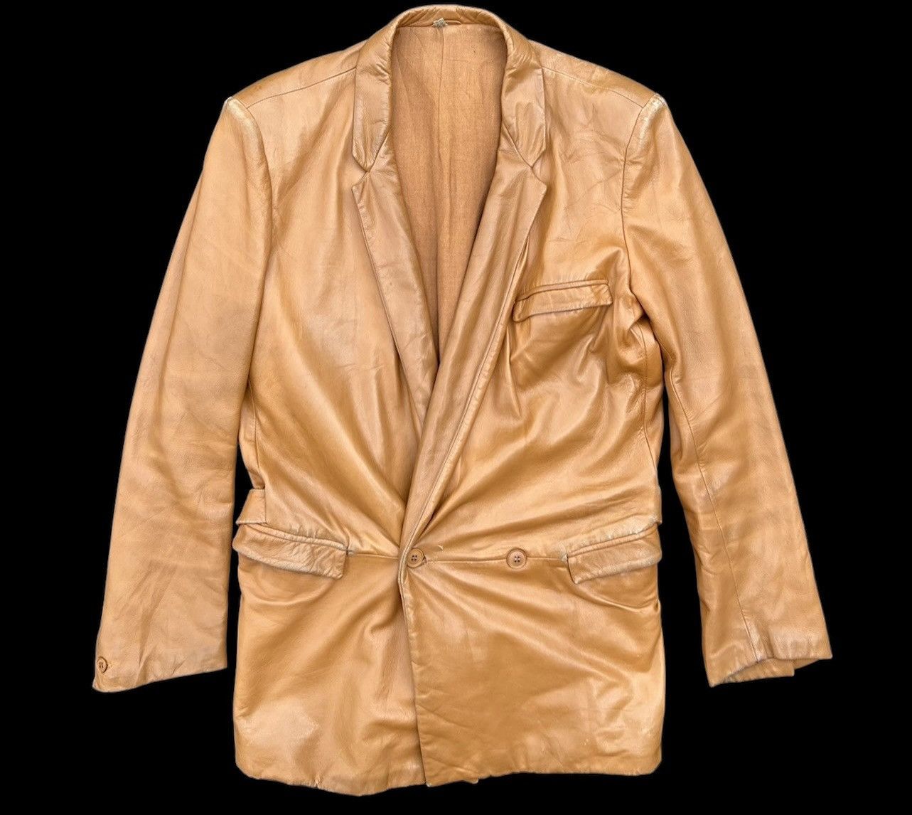 Versace × Vintage 90s Gianni Versace Trashed Patina Leather Coat Jacket Size US M / EU 48-50 / 2 - 1 Thumbnail