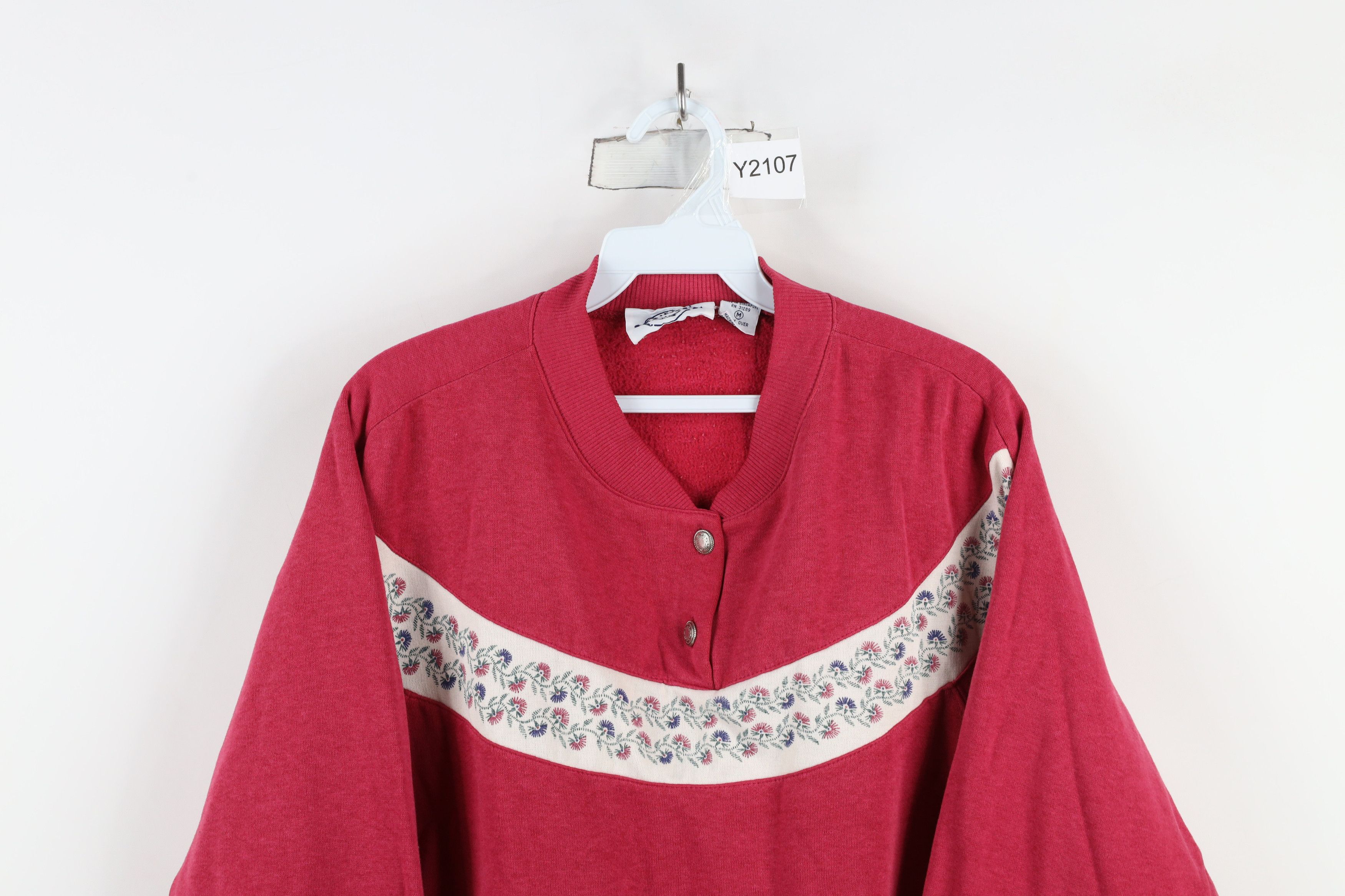 Vintage Vintage 90s Streetwear Flower Floral Henley Sweatshirt Red Size M / US 6-8 / IT 42-44 - 2 Thumbnail