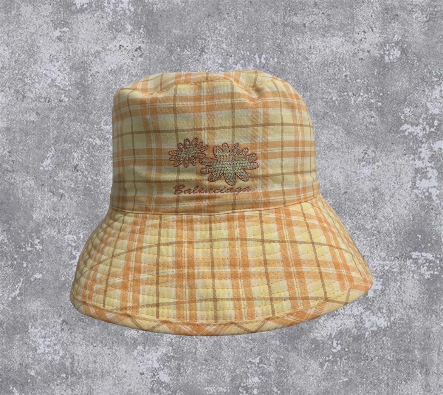 image of Balenciaga Paris Flower Embroidery Bucket Hats in Plaid, Men's