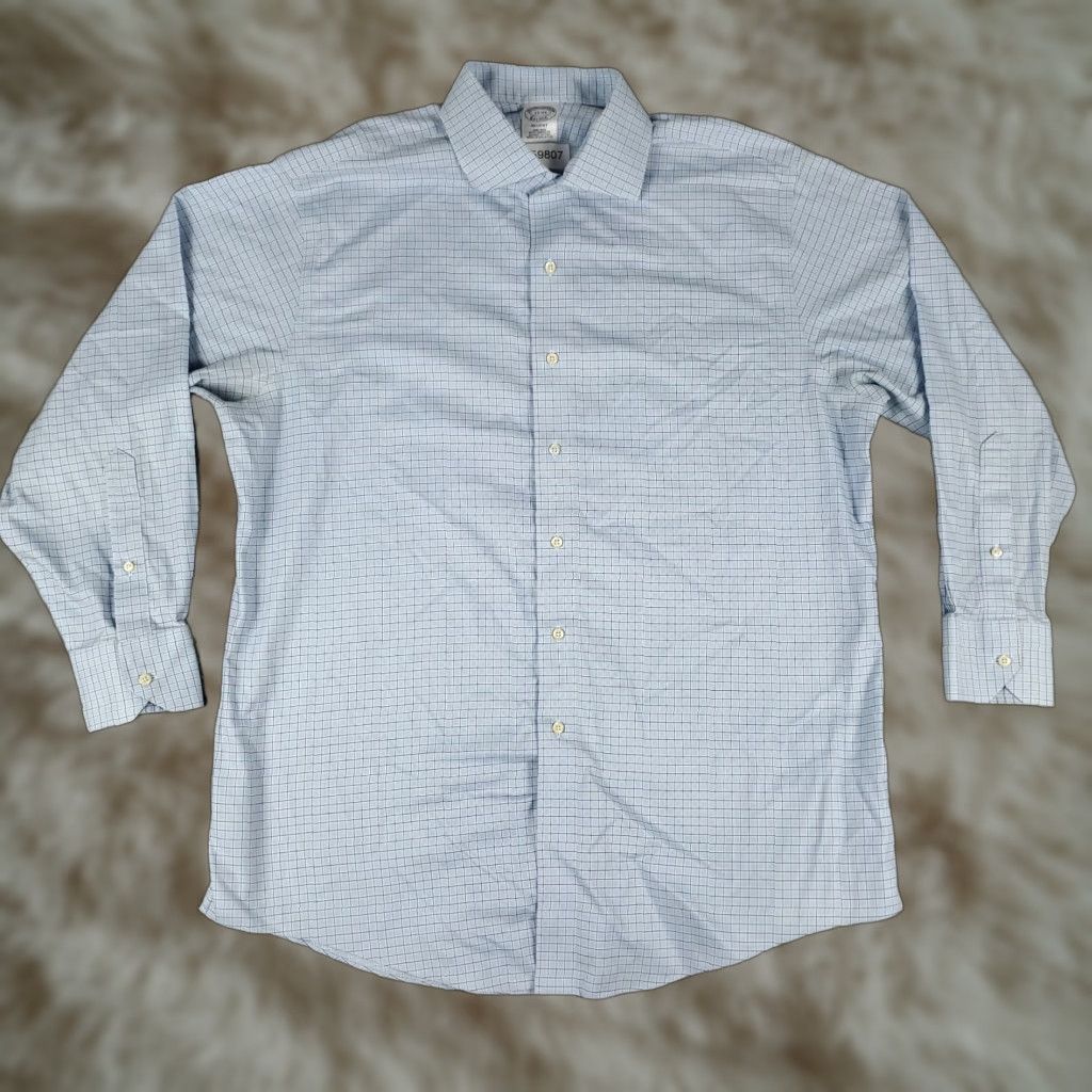Brooks Brothers BROOKS BROTHERS Shirt Mens 17 Blue Check Regent Dress Button Up Long Sleeve Non-Iron Classic 100% Cotton Adult Regular Collar Point Men's Shirt Size 46R - 1 Thumbnail
