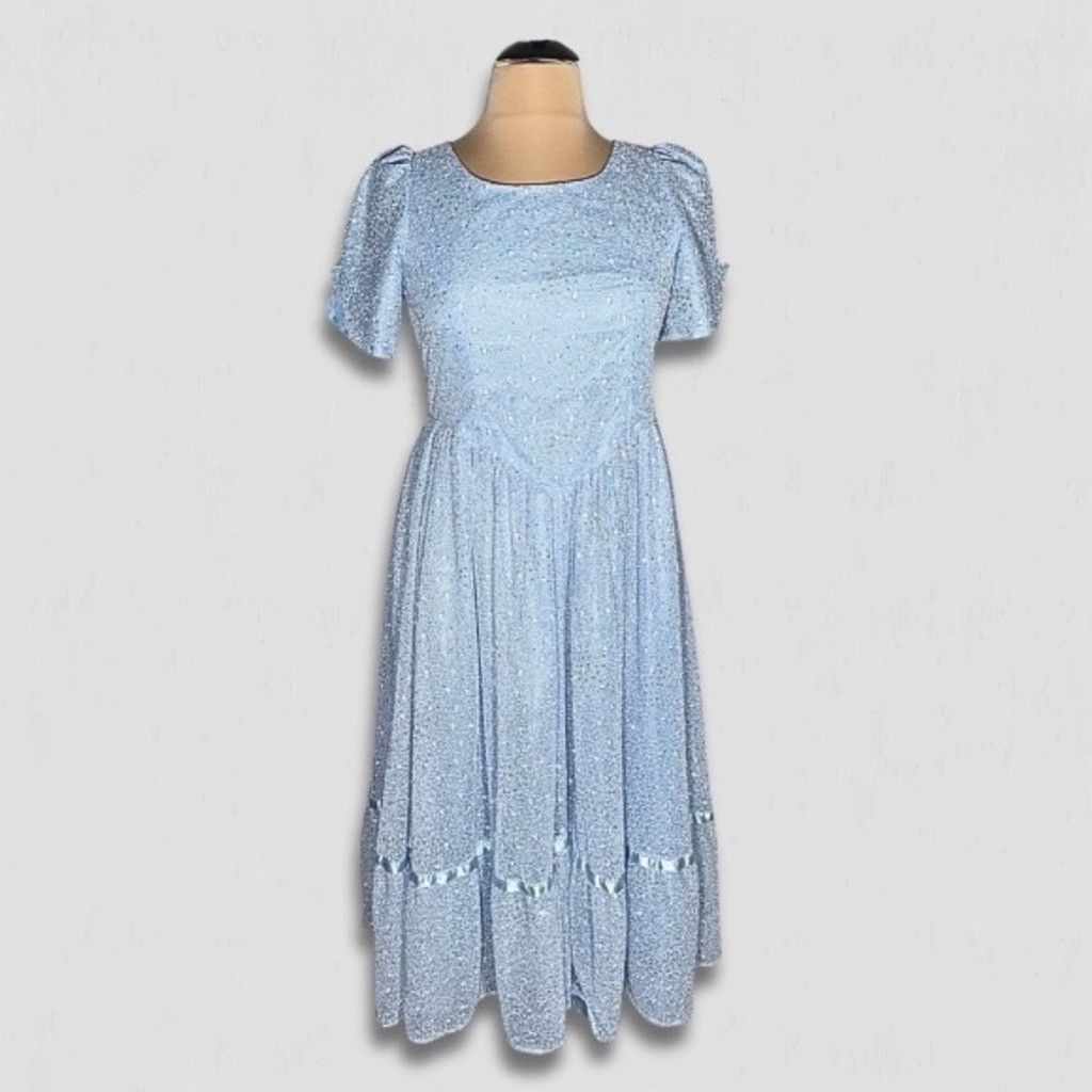 Vintage Vintage Peasant Dress Beaded Floral Puffed Sleeves Blue XL Size XXL / US 16-18 / IT 52-54 - 1 Thumbnail