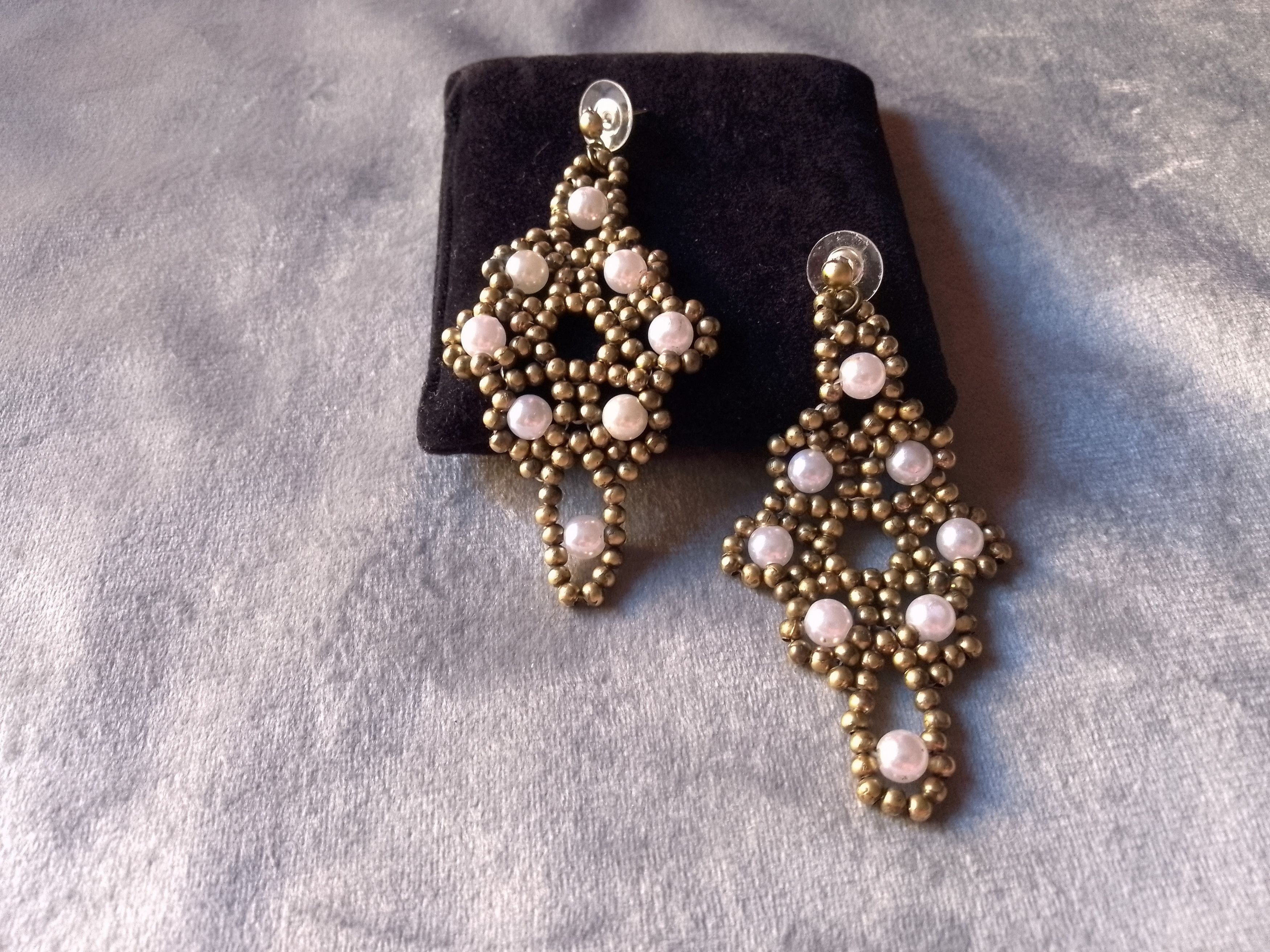 Handmade Earrings Vintage Antique Brass Pearls Long Flower Shape Size ONE SIZE - 3 Thumbnail