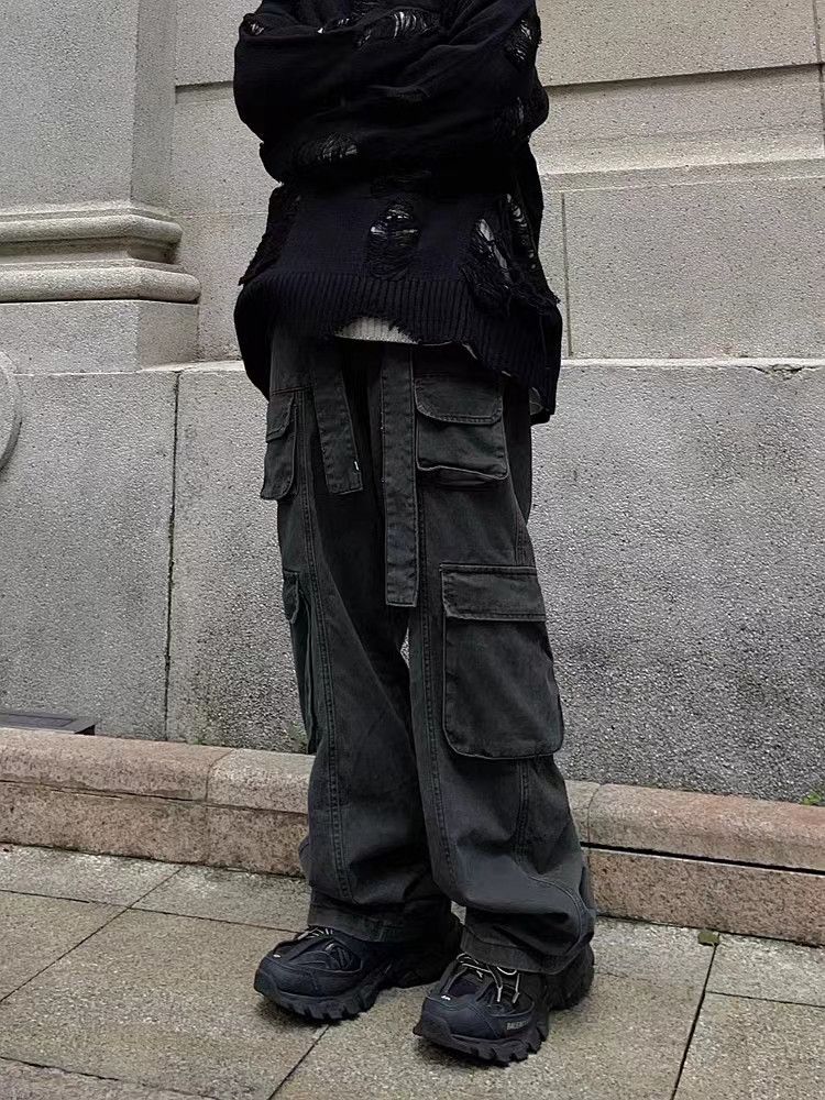 Vintage washed distressed cargo wide leg pants