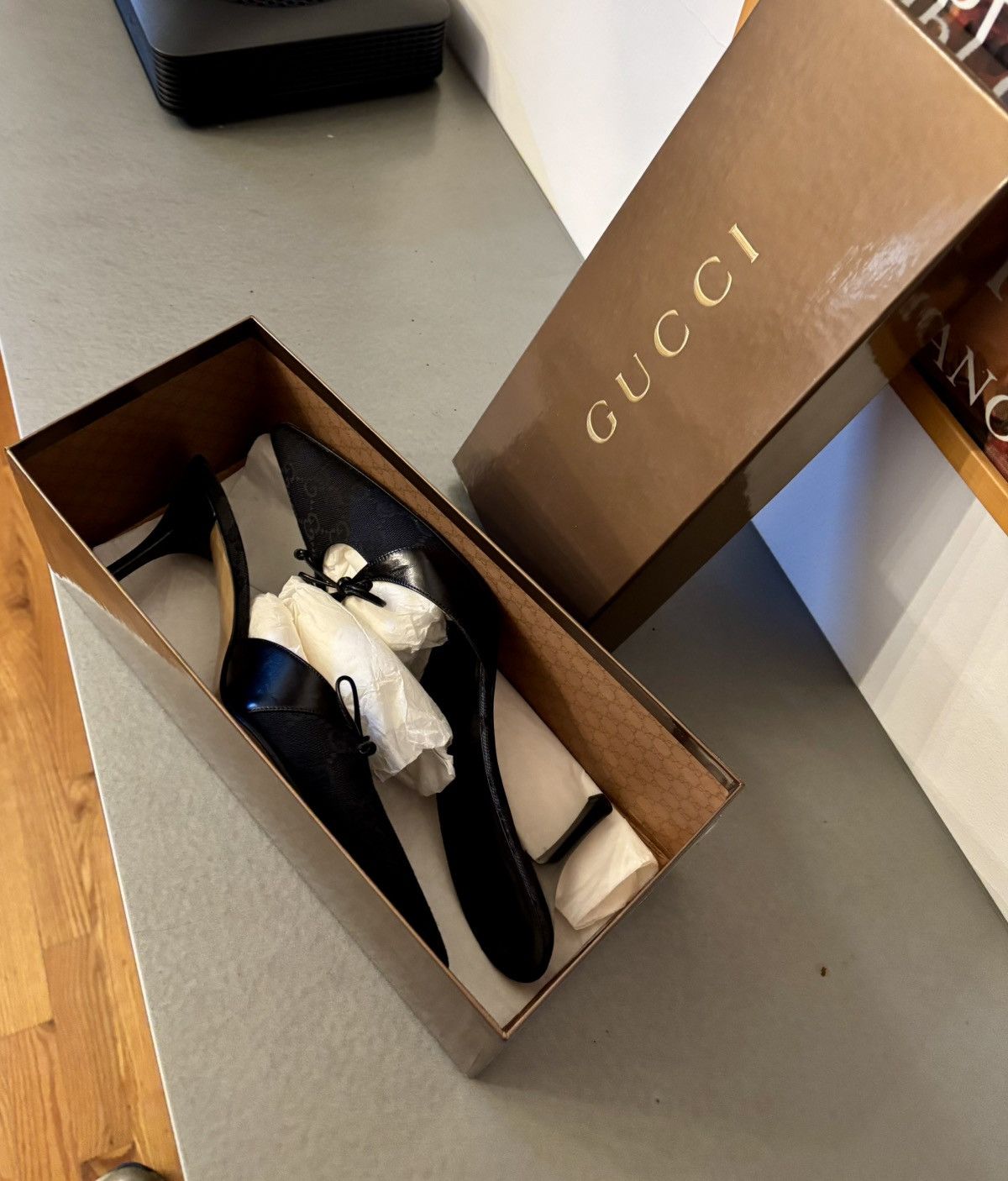 Gucci Black monogram mules grommet accents decorative leather bow Size US 8.5 / IT 38.5 - 3 Thumbnail