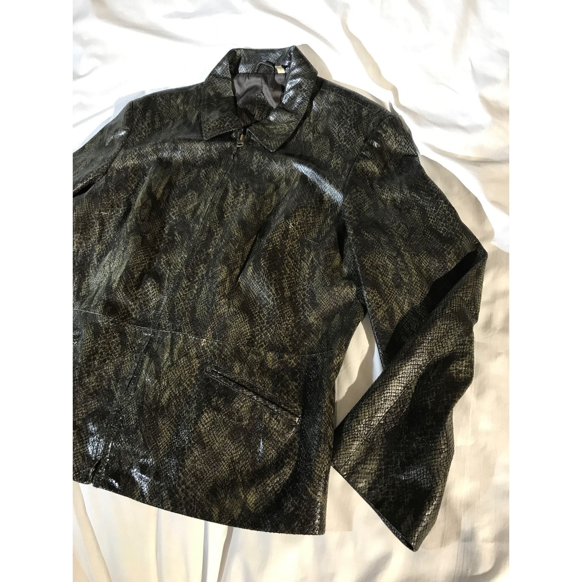 Vintage Preston & York Women's Green Snakeskin Print Leather Jacket Size L / US 10 / IT 46 - 3 Thumbnail