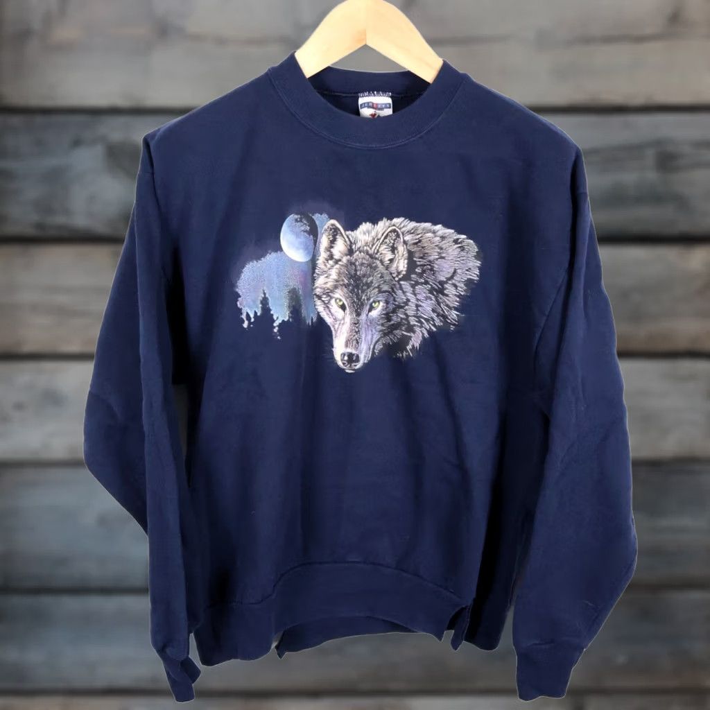 Jerzees VINTAGE Jerzees Wolf Moon Sweatshirt Men Large Dark Blue Crewneck Distressed Graphic Print 90s Theme Animals Nature Size US L / EU 52-54 / 3 - 1 Thumbnail