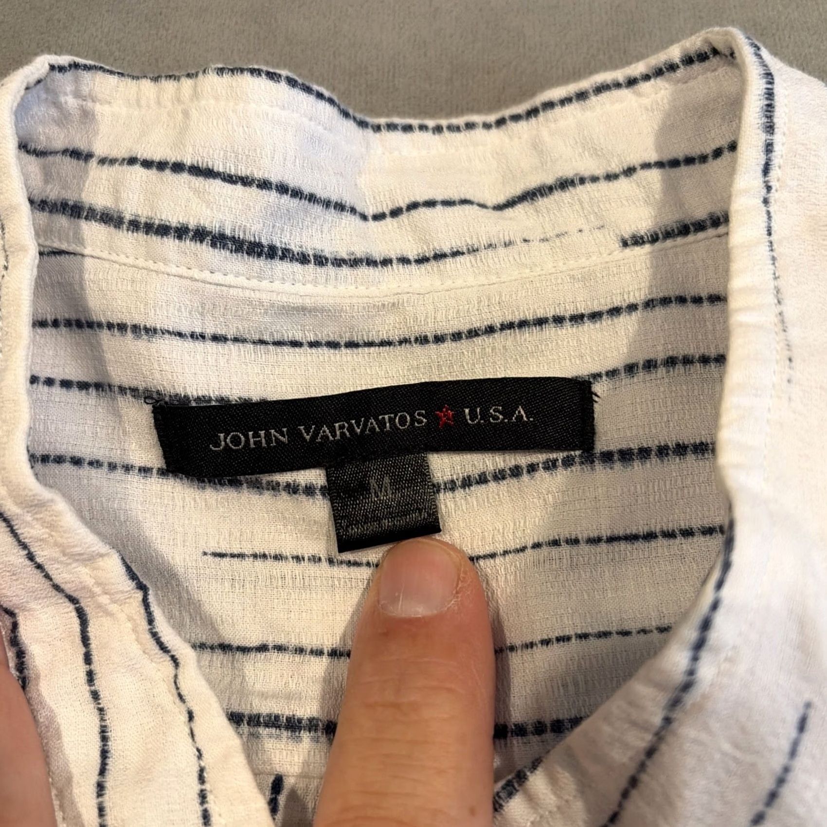 John Varvatos John Varvatos White & Navy Stripe Long Sleeve Band Collar Button Up Shirt M Men Size US M / EU 48-50 / 2 - 3 Thumbnail