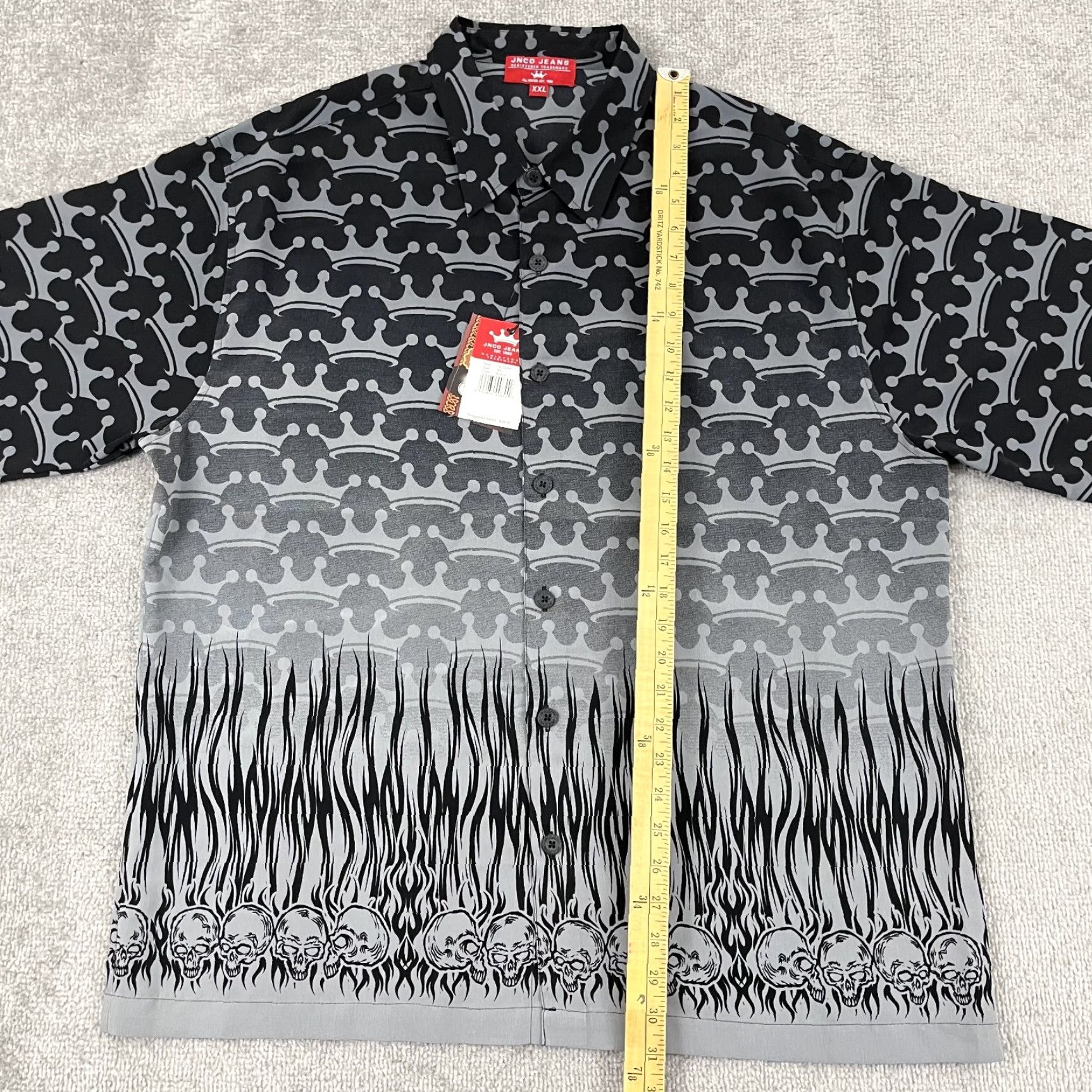 JNCO VINTAGE JNCO Shirt Mens 2XL Gray Crown Skull Flames Skater Button Punk Up Y2K NEW Size US XXL / EU 58 / 5 - 5 Thumbnail