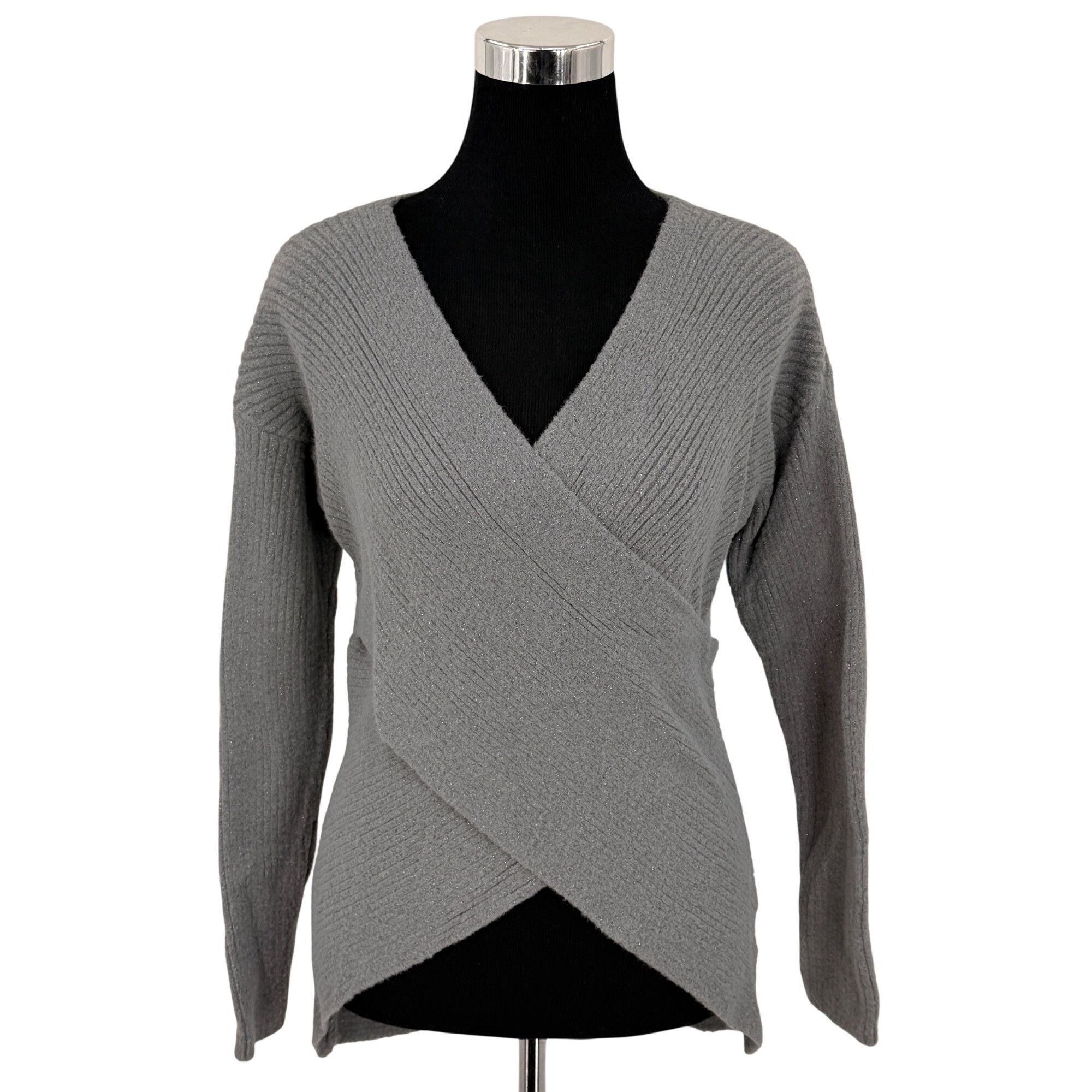 Express Express Gray Metallic Faux Wrap Knit Sweater | Glamoratti Mo Size S / US 4 / IT 40 - 2 Thumbnail
