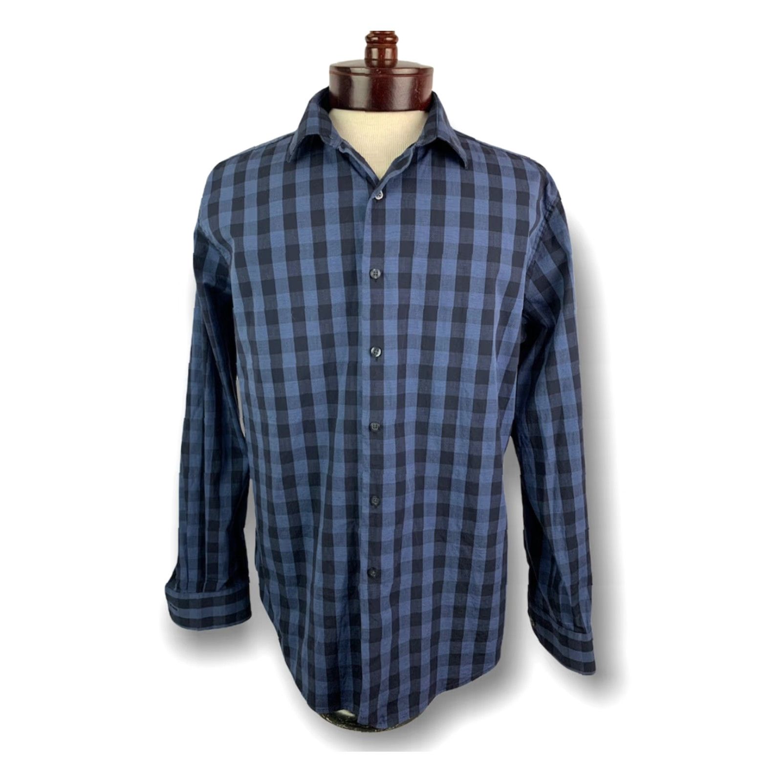 Alfani VINTAGE Large Alfani Slim Fit Stretch Long Sleeve Button Up Blue Plaid Check Dress Shirt Size 42R - 2 Thumbnail