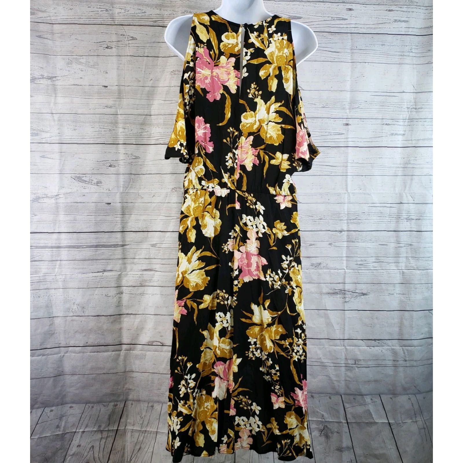 Vintage VINTAGE Leith Womens Dress Maxi Short Sleeve Black Pink Floral Cold Shoulder Rayon M Women's 45" Length 23" Width Size M / US 6-8 / IT 42-44 - 4 Thumbnail