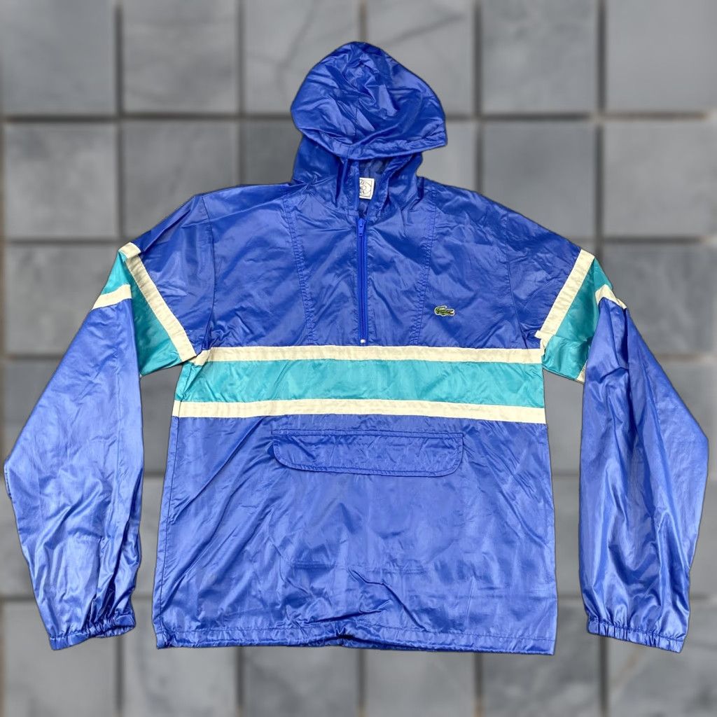 Lacoste VINTAGE IZOD Lacoste Jacket Mens S Hooded 1/4 Zip Windbreaker Blue Striped 80s Retro Size US S / EU 44-46 / 1 - 1 Thumbnail