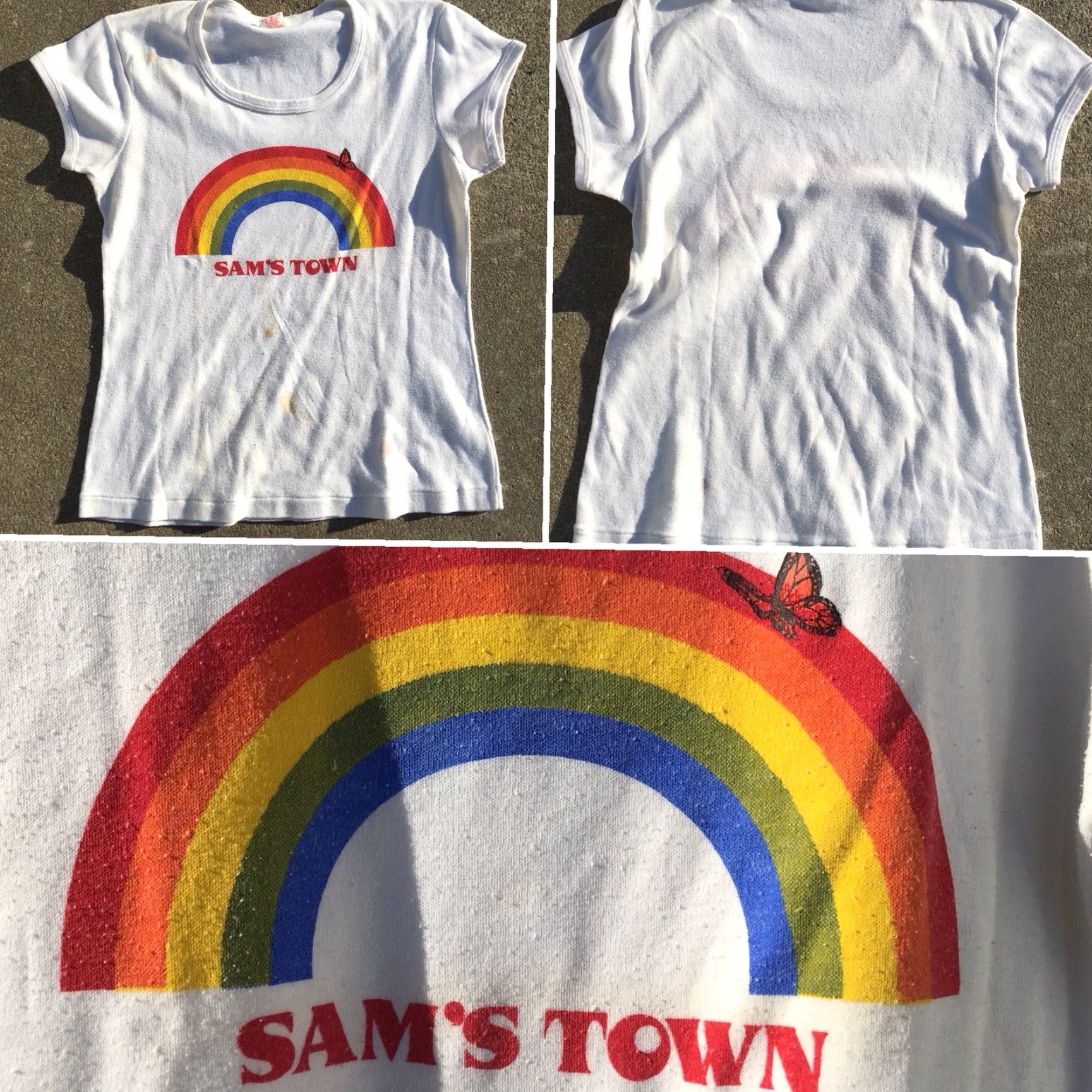 Rainbow VINTAGE SAMS TOWN Rainbow Butterfly T Shirt 70s 80s Misses Large Worn Stained Shirt Mens Women Girls Boys Size L / US 10 / IT 46 - 3 Thumbnail