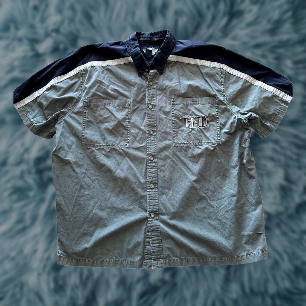 Harley Davidson VINTAGE Harley-Davidson Button-Down Work Shirt Shield Black Olive Graphic XXL Men Short Sleeve Cotton Blend BLEND Motorcycle Work Shirt Mens Size US XXL / EU 58 / 5 - 1 Thumbnail