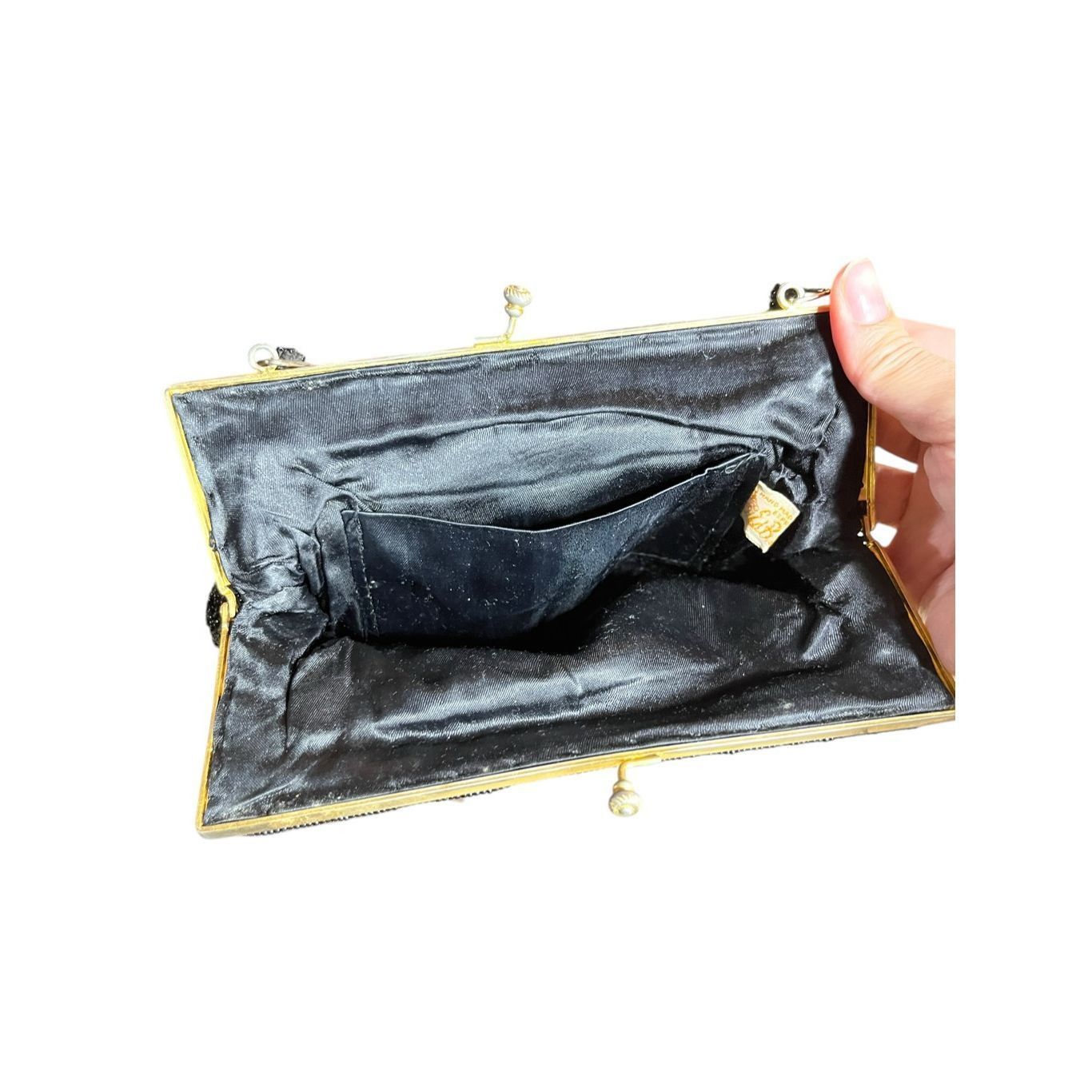 Other Vintage Beaded Handbag Black Beads Over Tapestry Kiss Lock C Size ONE SIZE - 7 Thumbnail