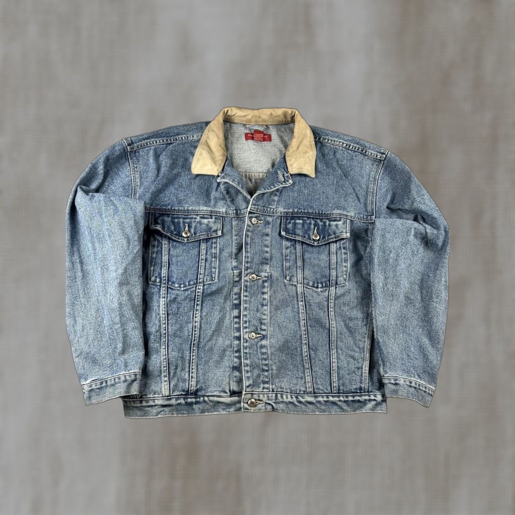 Banana Republic VINTAGE Banana Republic Denim Jacket Mens XL Blue Leather Collar Trucker 90s Size US XL / EU 56 / 4 - 1 Thumbnail