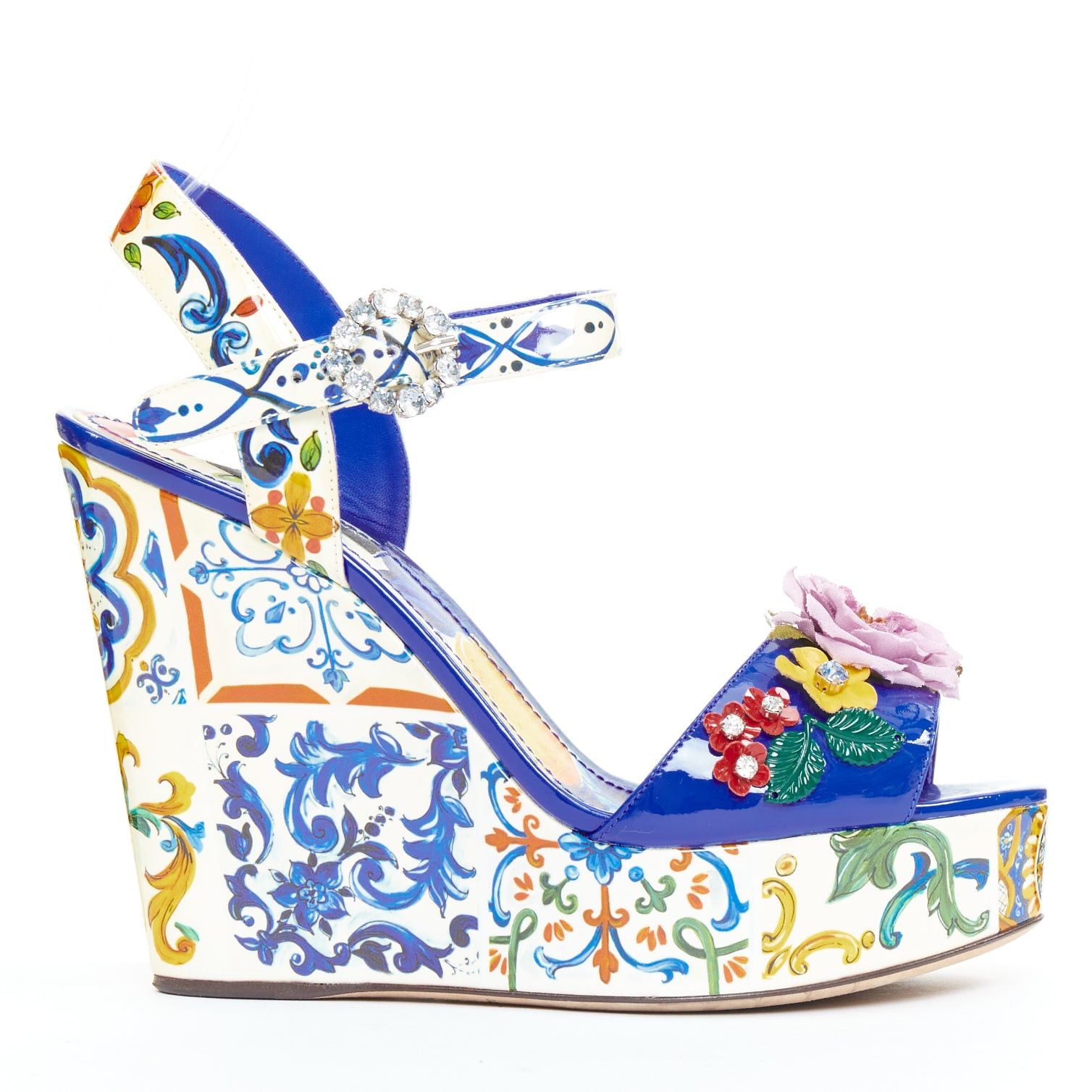 DOLCE GABBANA Bianca blue Majolica print floral embellished platform wedges EU38.5