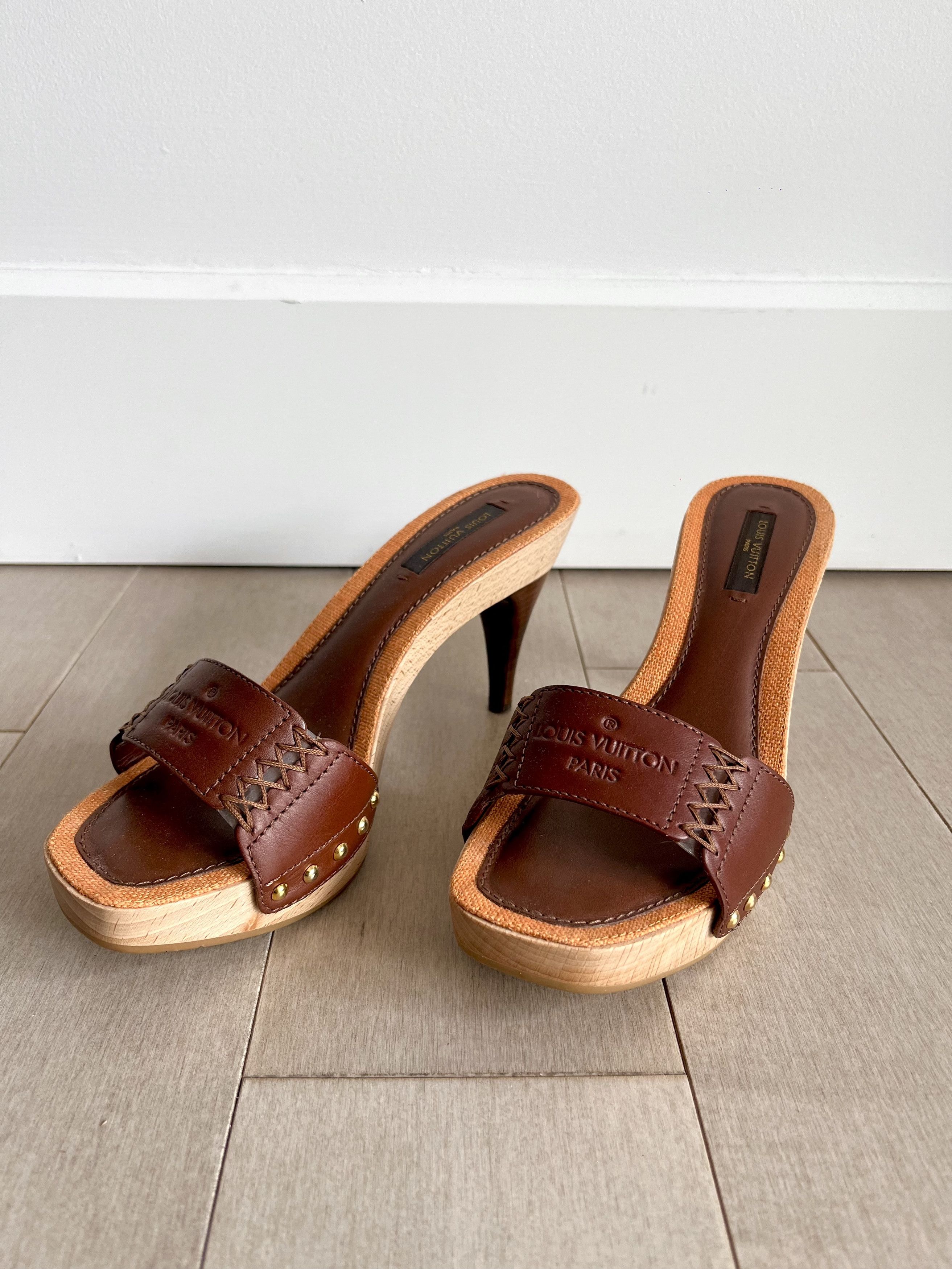 image of Louis Vuitton Brown Leather & Wooden Heels - Designer Shoes, Women's (Size 5)
