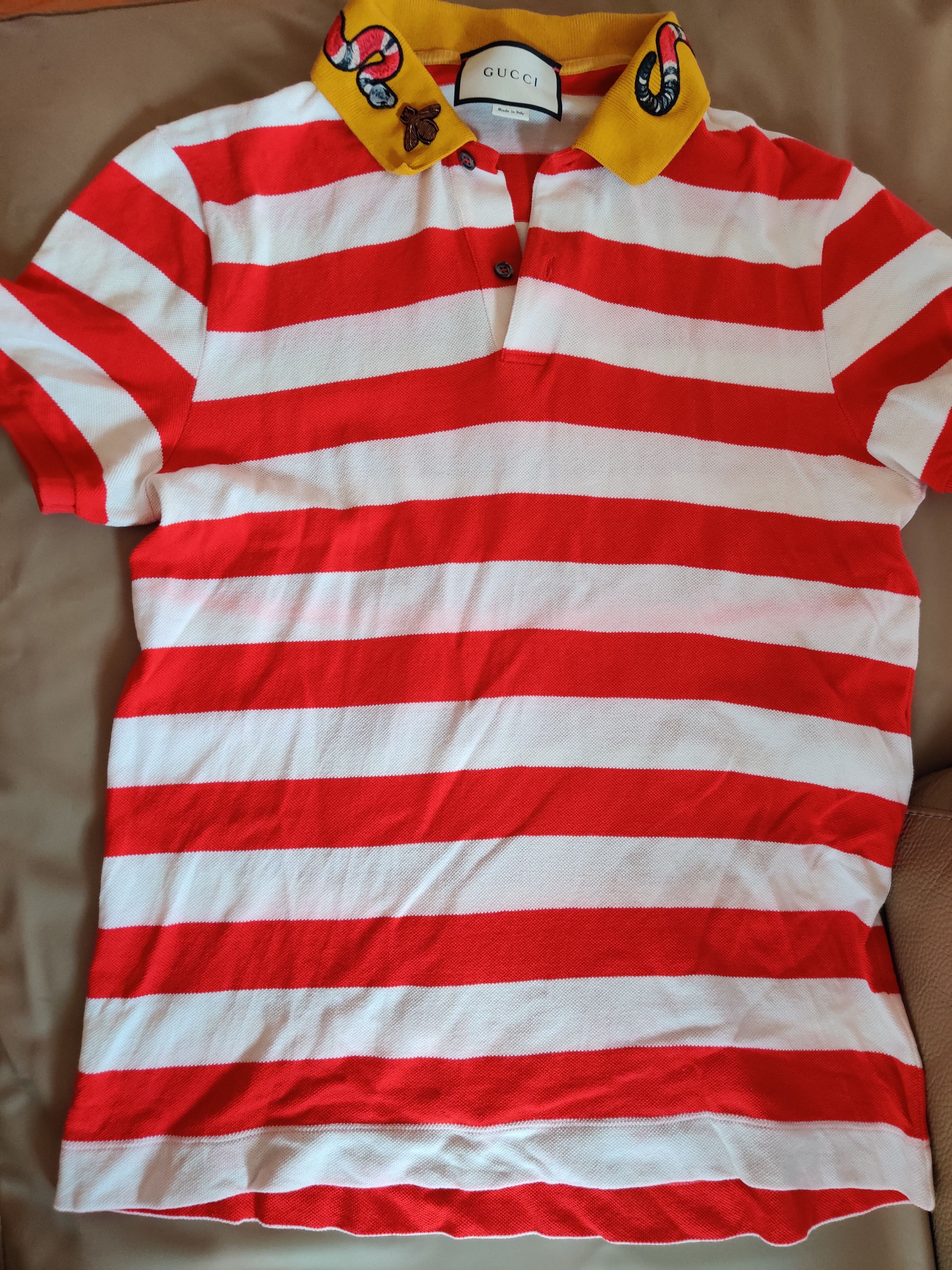 image of Gucci Red & White Striped Snake Collar Embroidery Polo Shirt in Red/White, Men's (Size Large)