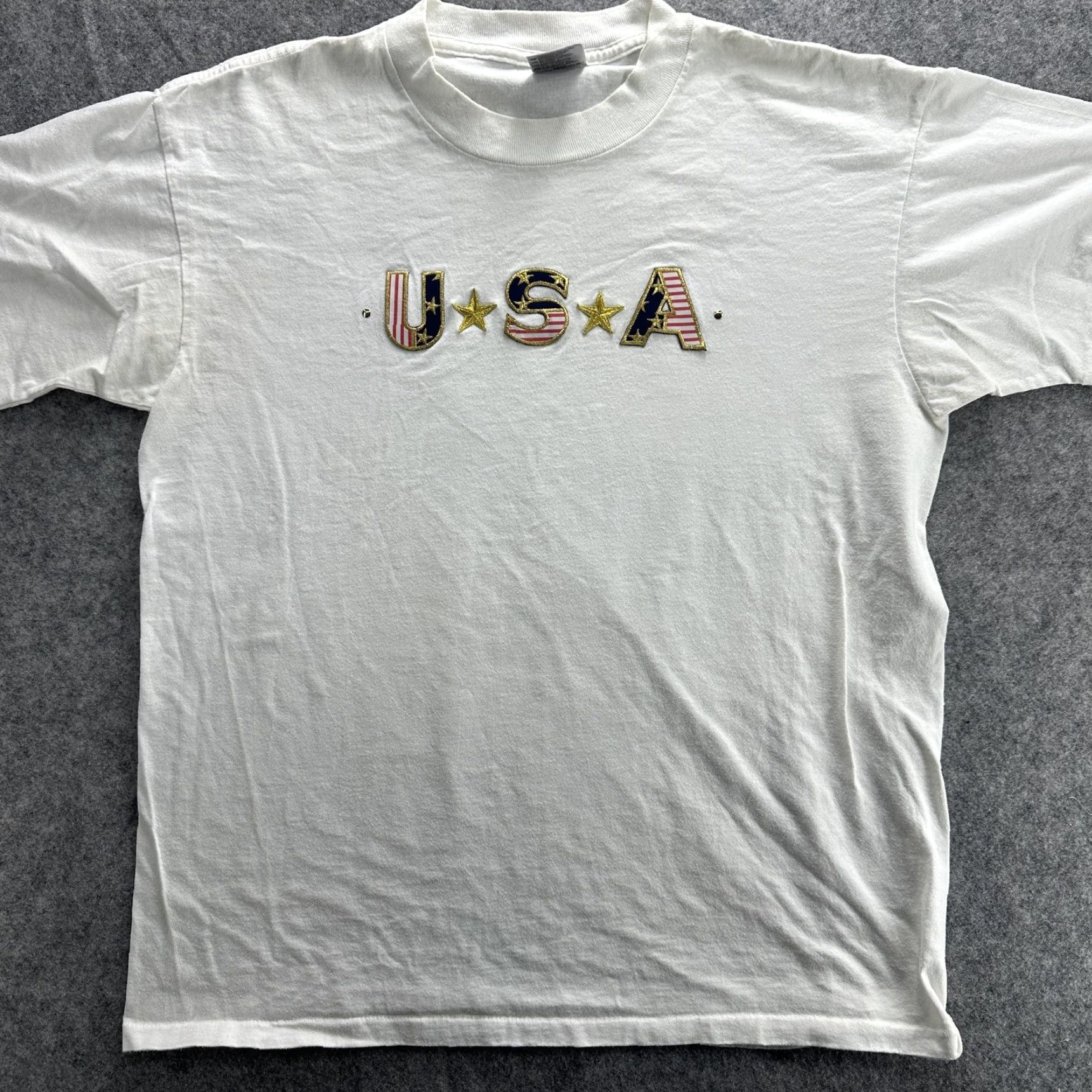 Vintage VINTAGE USA Shirt Mens Large White American Flag Embroidered Patriotic Tee 90s Size US L / EU 52-54 / 3 - 3 Thumbnail