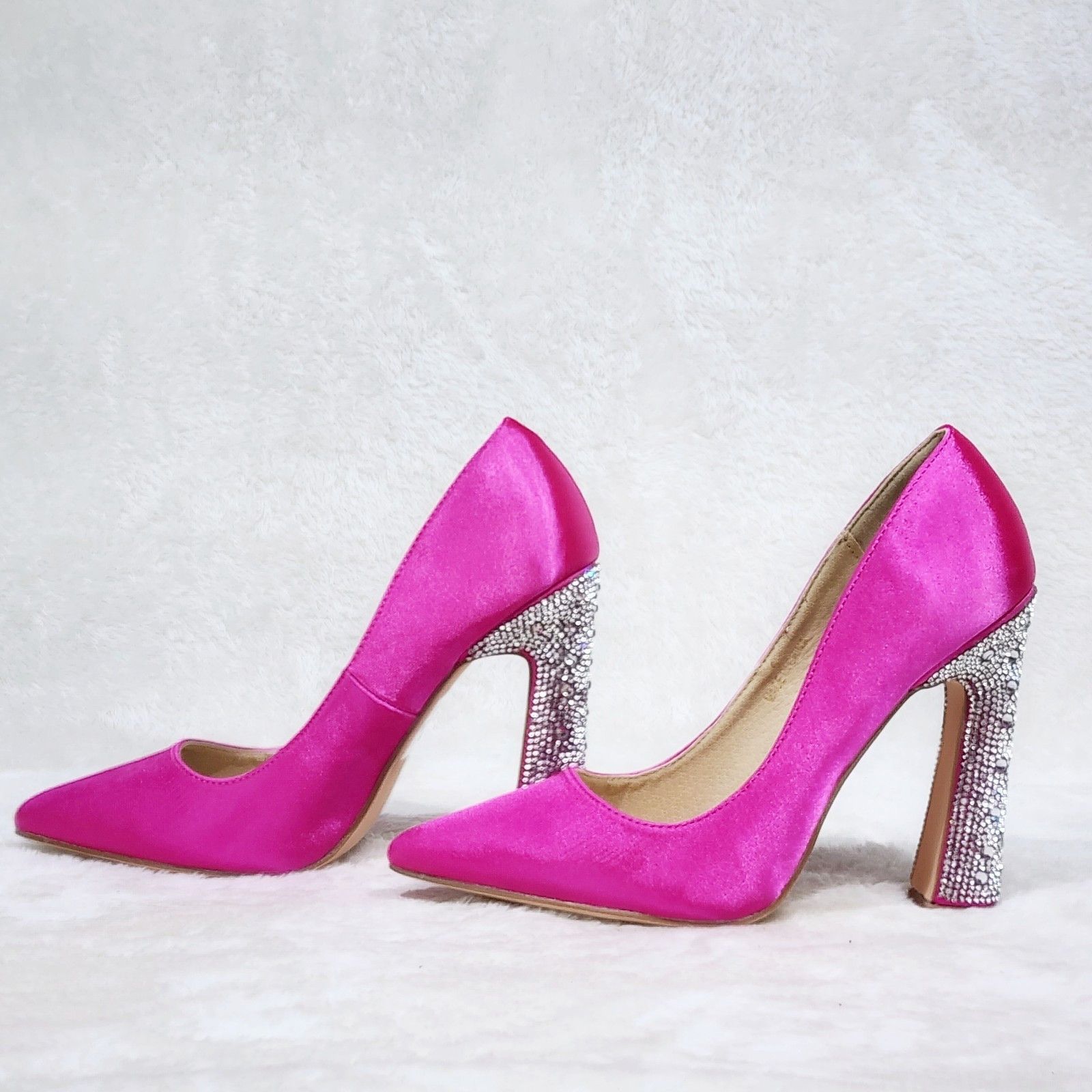 Other Fuchsia Pink Satin Pumps Rhinestone High Heel Party Shoes Size US 7 / IT 37 - 2 Thumbnail