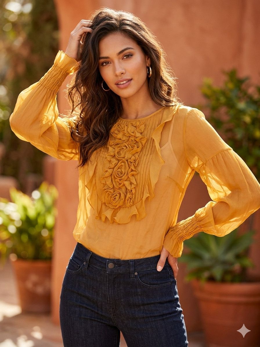 Other ANDY THE ANH 100% Silk Blouse Mustard Ruffle Floral Top Sz 4 Size S / US 4 / IT 40 - 1 Thumbnail