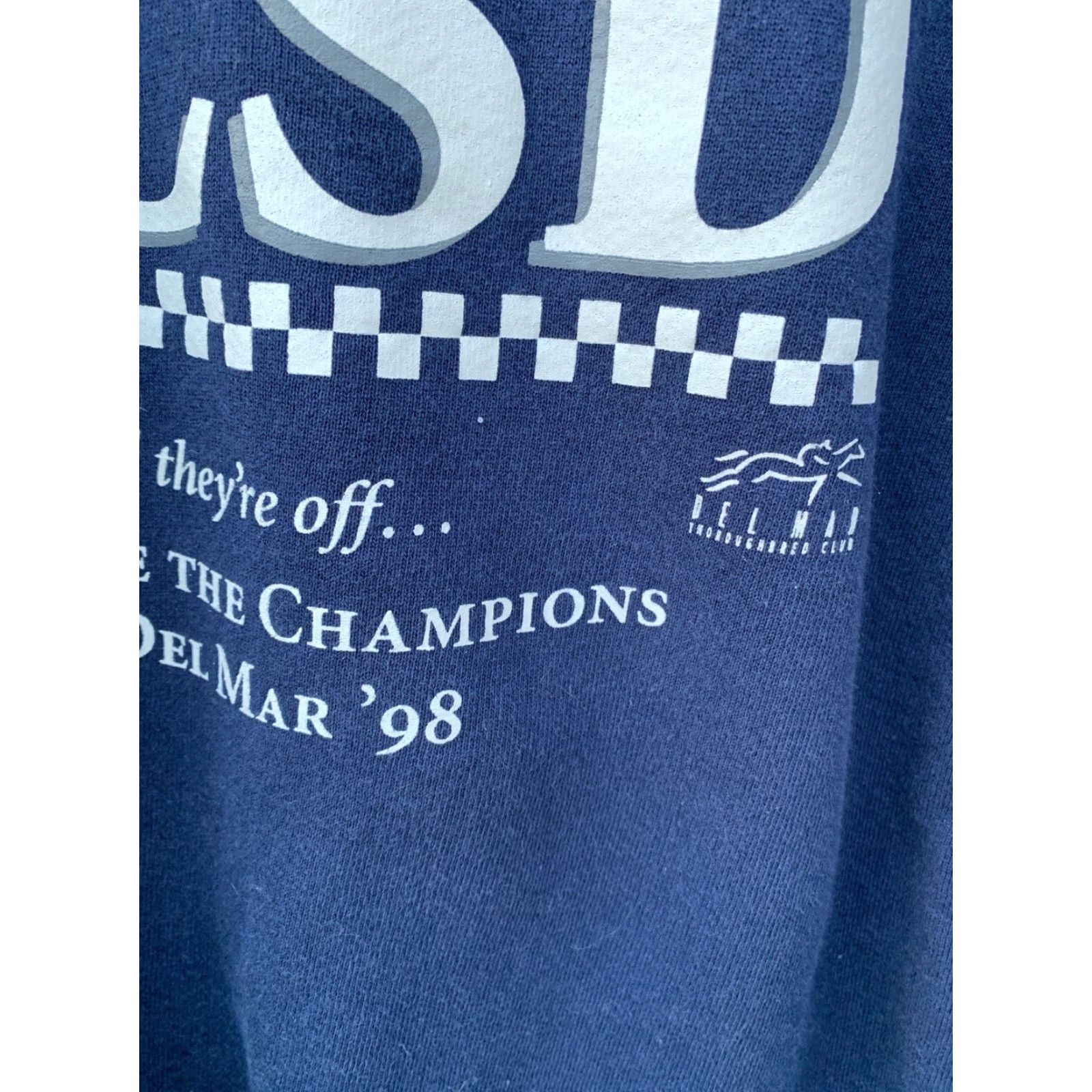 Hanes VINTAGE UCSD Del Mar ’98 Sweatshirt Horses Horse Racing Pullover Graphic Print Unisex Adults XL Blue Hanes Cotton Blend Size US XL / EU 56 / 4 - 5 Thumbnail