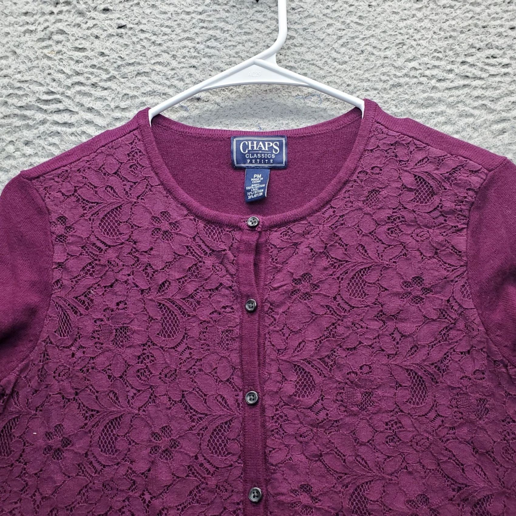 Chaps Chaps Cardigan Sweater Womens Petites PM Purple Floral Lace Overlay Classic Knit Size M / US 6-8 / IT 42-44 - 5 Thumbnail