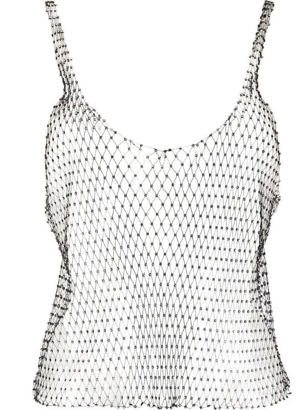 image of Saint Laurent Paris Oc11Z10524 Tank Top In Mesh With Rhinestones In White, Women's (Size Small)