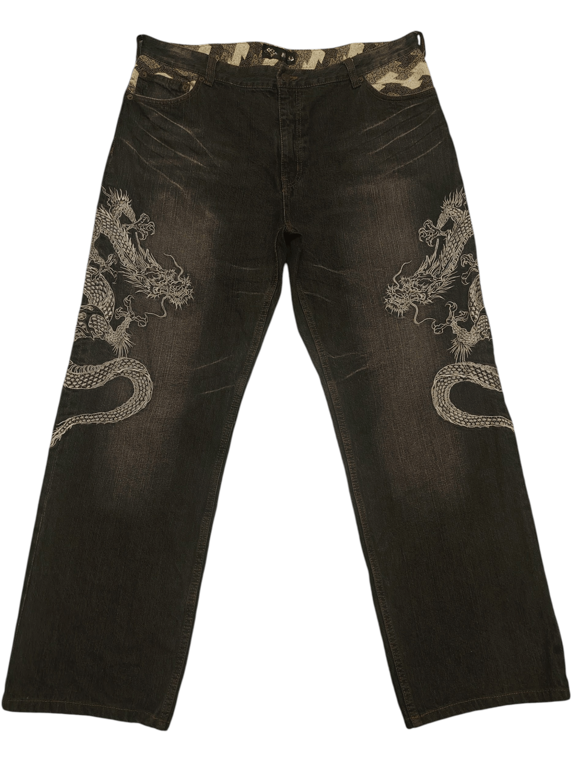 Karakuri Tamashii Rare Japanese Karakuri Embroidered Dragon Baggy Jeans Size US 39 - 1 Thumbnail