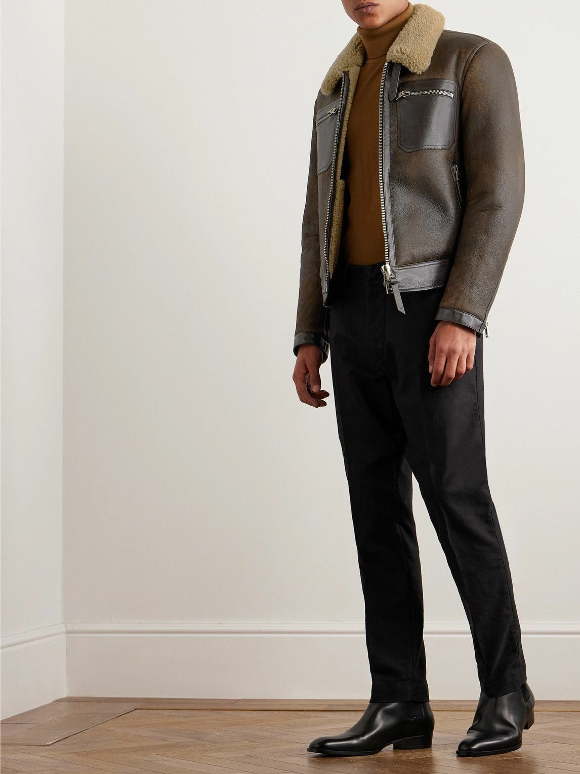 Tom Ford o1sndg1125 LBS016 Shearling Trimmed Leather Jacket in Brown Size US XL / EU 56 / 4 - 2 Thumbnail