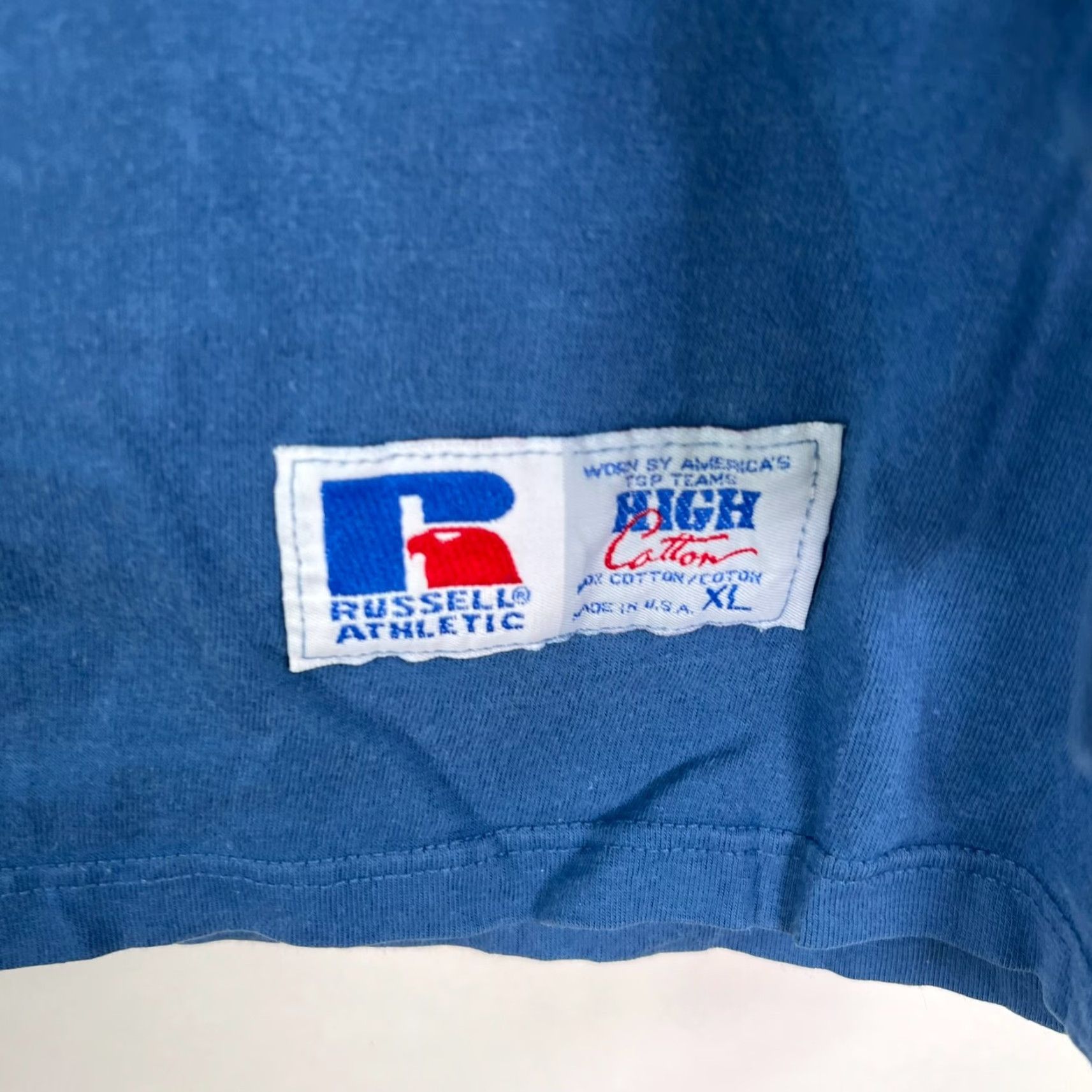 Vintage VINTAGE Russell T-Shirt Mens XL Blue USA Pattern Solid Crew Neck Long Sleeve 54 in Chest 100% Cotton Screen-Printed Logo 1990s Size US XL / EU 56 / 4 - 2 Thumbnail