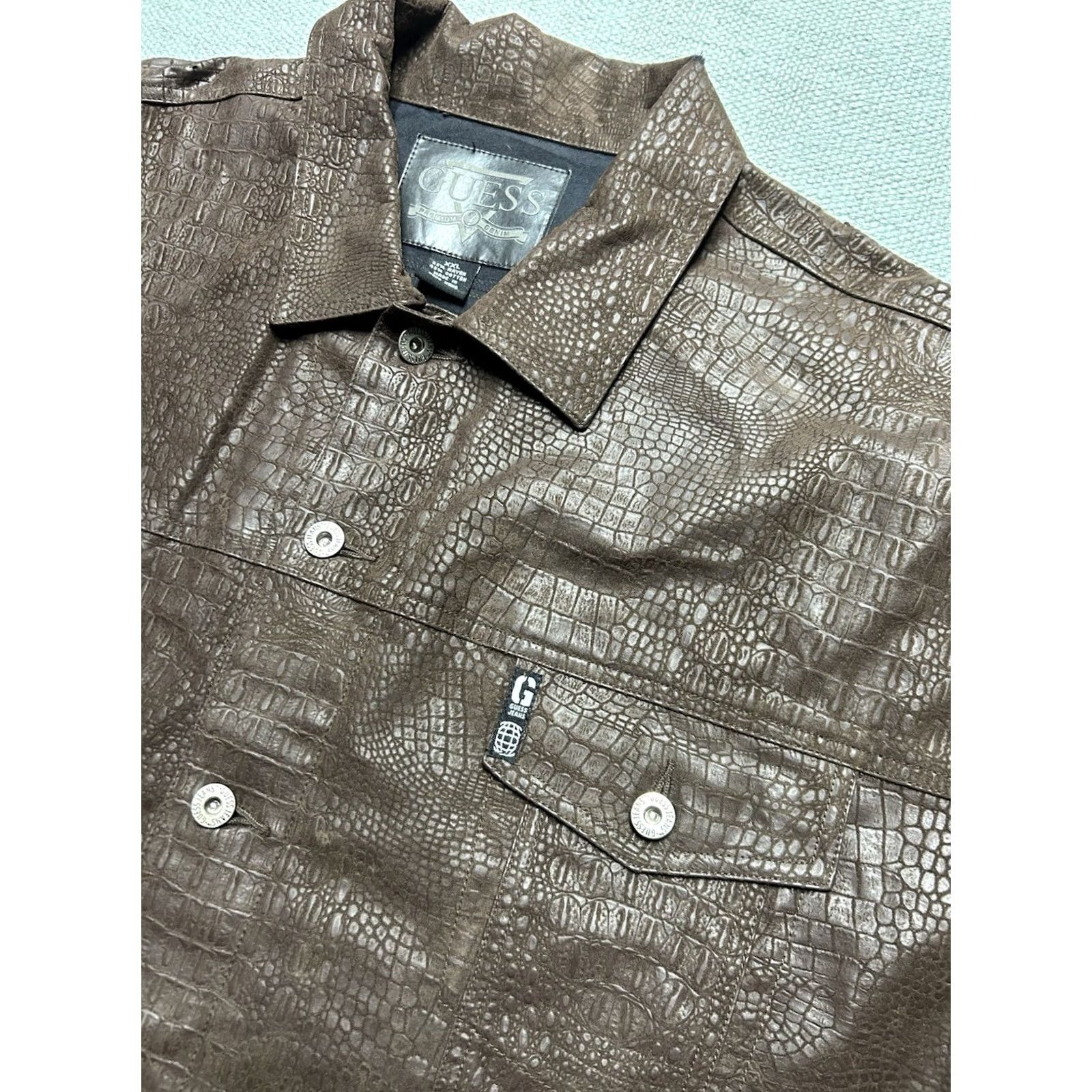 Guess GUESS Trucker Jacket 2XL Brown Faux Snakeskin Rayon Cotton Men’s Jacket Size US XXL / EU 58 / 5 - 4 Thumbnail