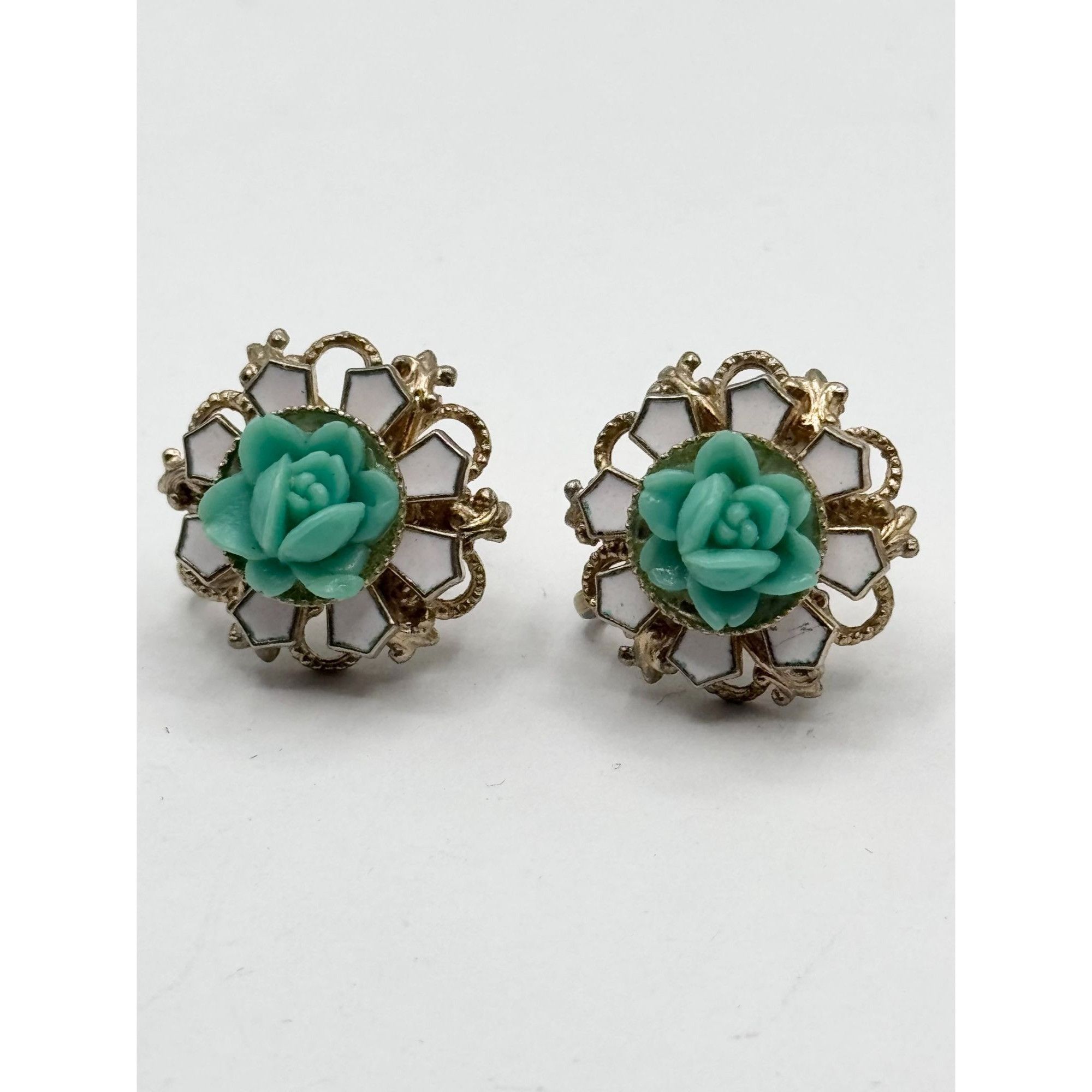 Vintage Vintage blue celluloid flower enamel filigree earrings Size ONE SIZE - 2 Thumbnail
