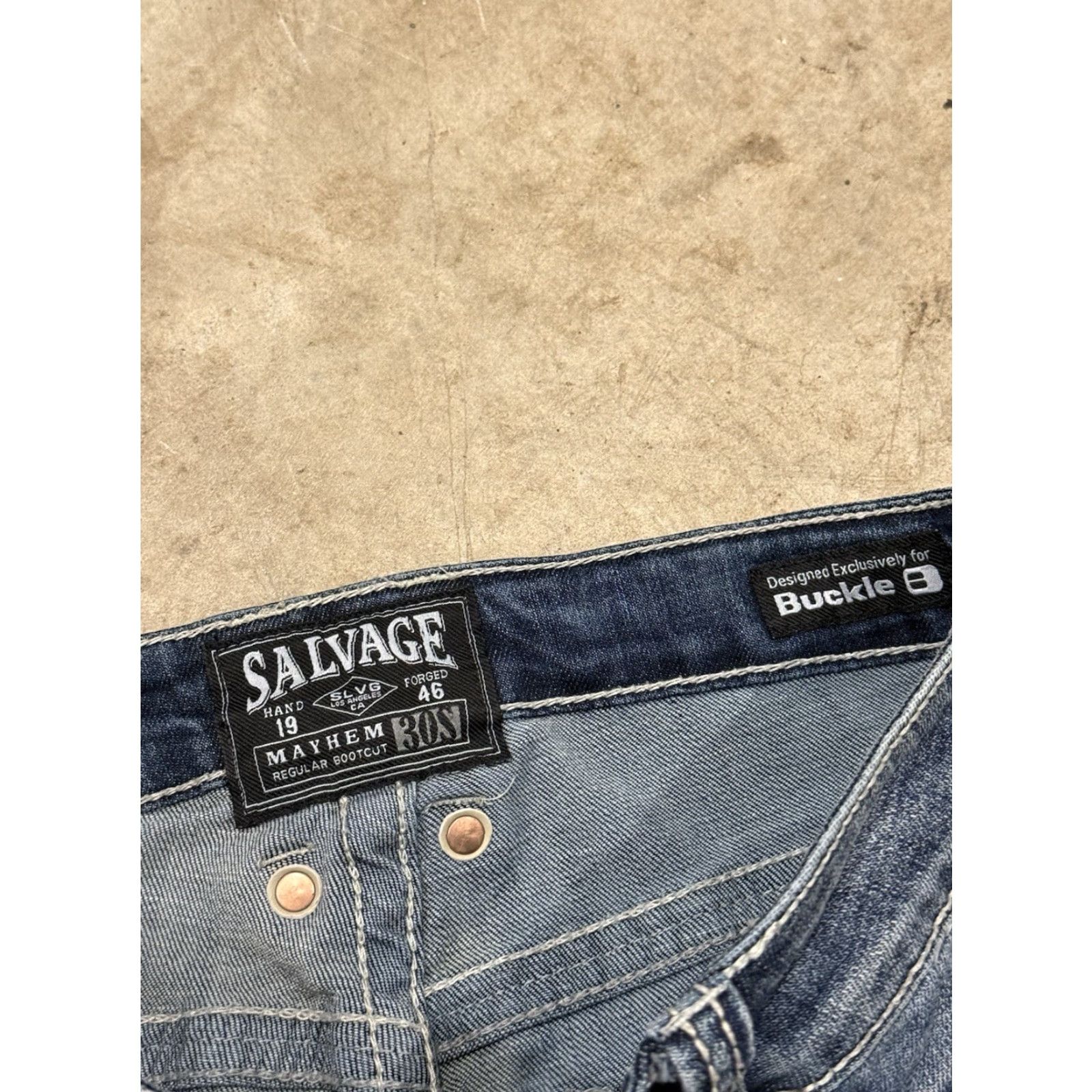 Vintage Salvage Jeans Mayhem Boot Mens 30S 30x29 Stretch Denim Whiskers Boocut Bootcut Regular Mens Blue Pant (Salvage) Size US 30 / EU 46 - 3 Thumbnail