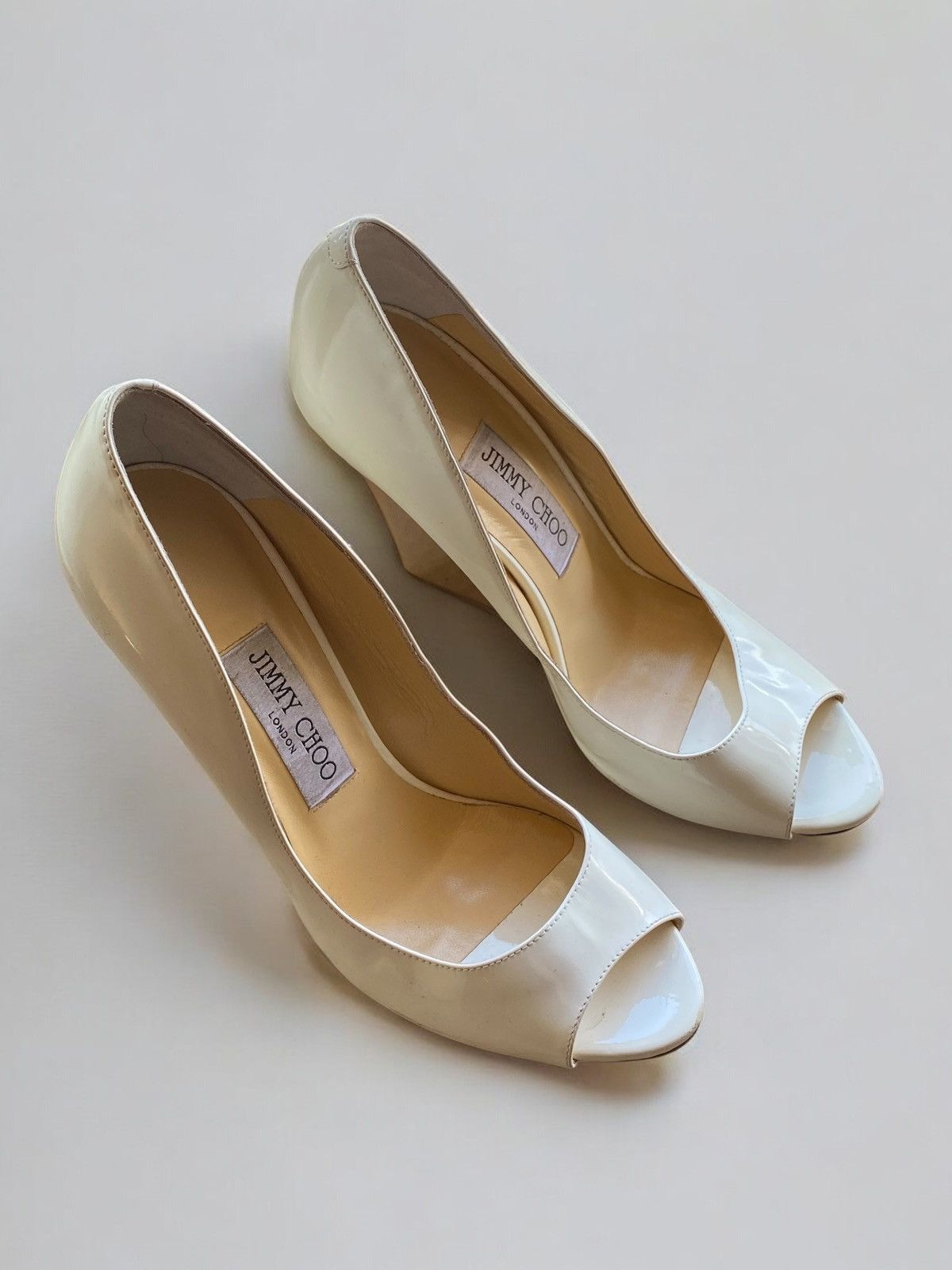 Jimmy Choo Jimmy Choo White Gold Patent Leather Peep Toe Heels Size US 7 / IT 37 - 2 Thumbnail