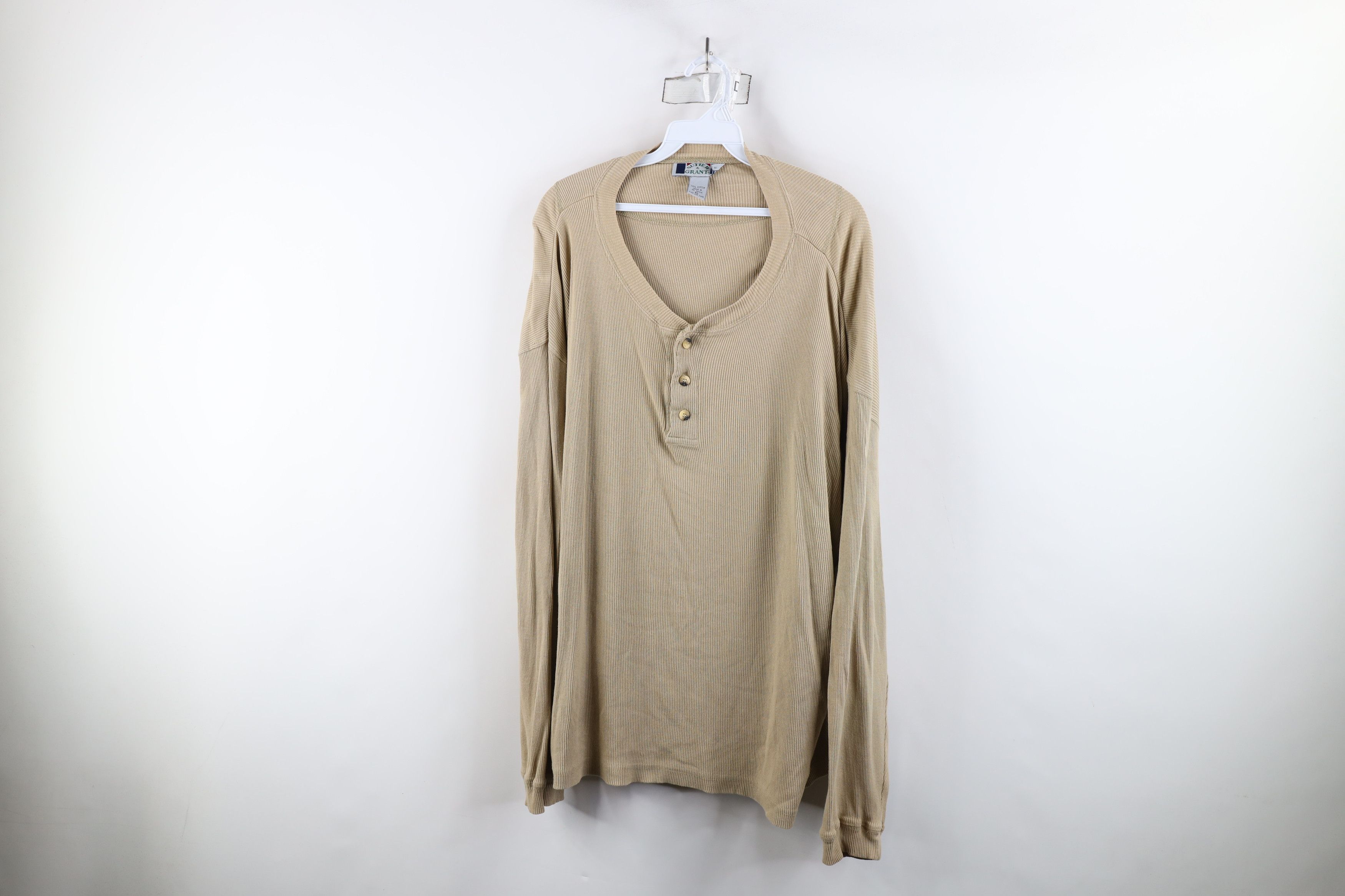 Vintage Vintage 90s Streetwear Ribbed Knit Henley T-Shirt Beige Size US XL / EU 56 / 4 - 1 Thumbnail