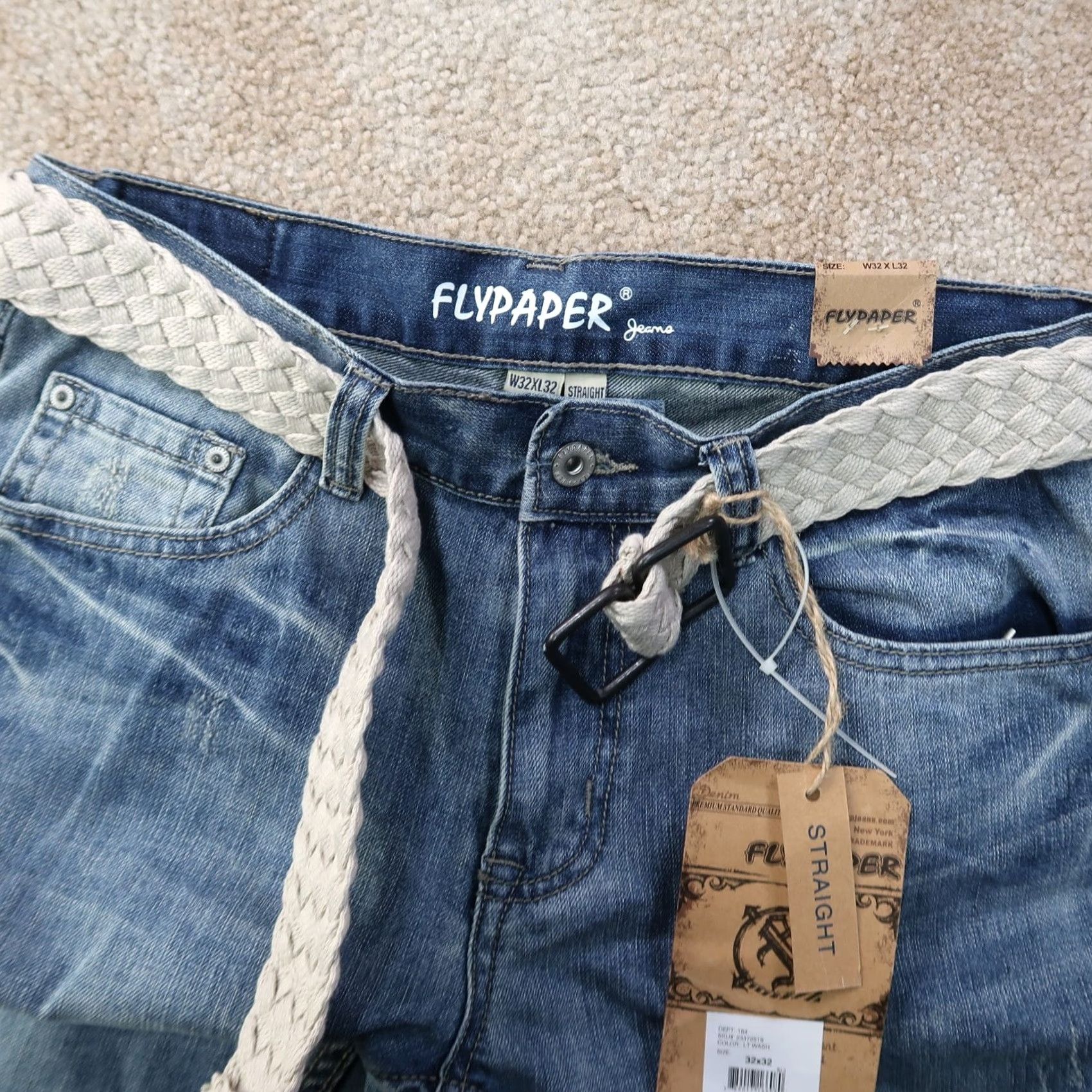 Denime Flypaper Jeans Men's 32x32 Blue Denim Belted Straight Leg 5-Pocket Mid Rise Distressed Stretch Regular Size US 32 / EU 48 - 4 Thumbnail